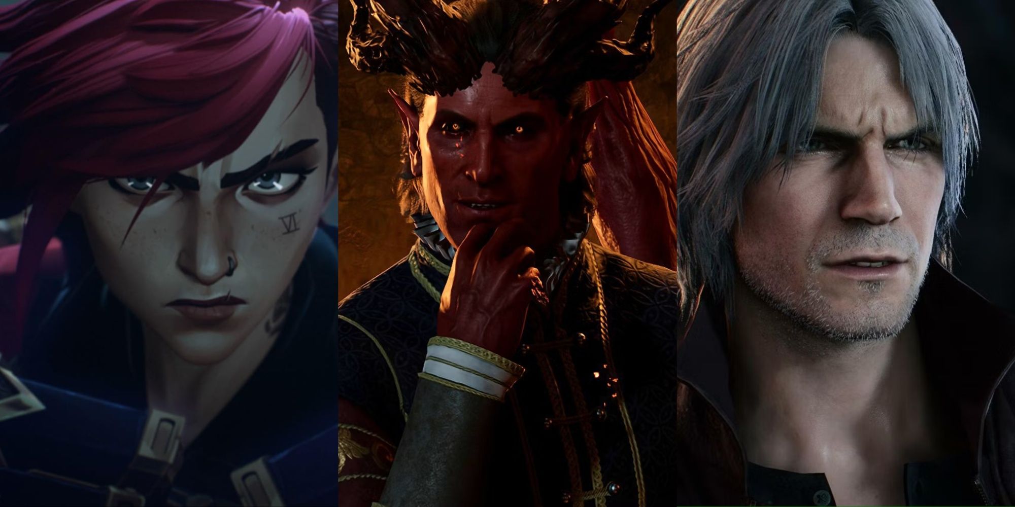 Three-image collage of Vi from Arcane, Raphael from Baldur's Gate 3, and Dante from Devil May Cry 5.