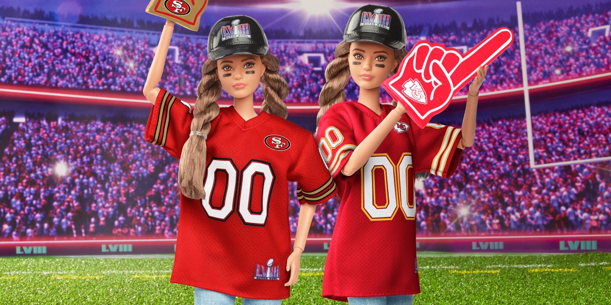 chiefs and 49ers super bowl barbies with foam fingers