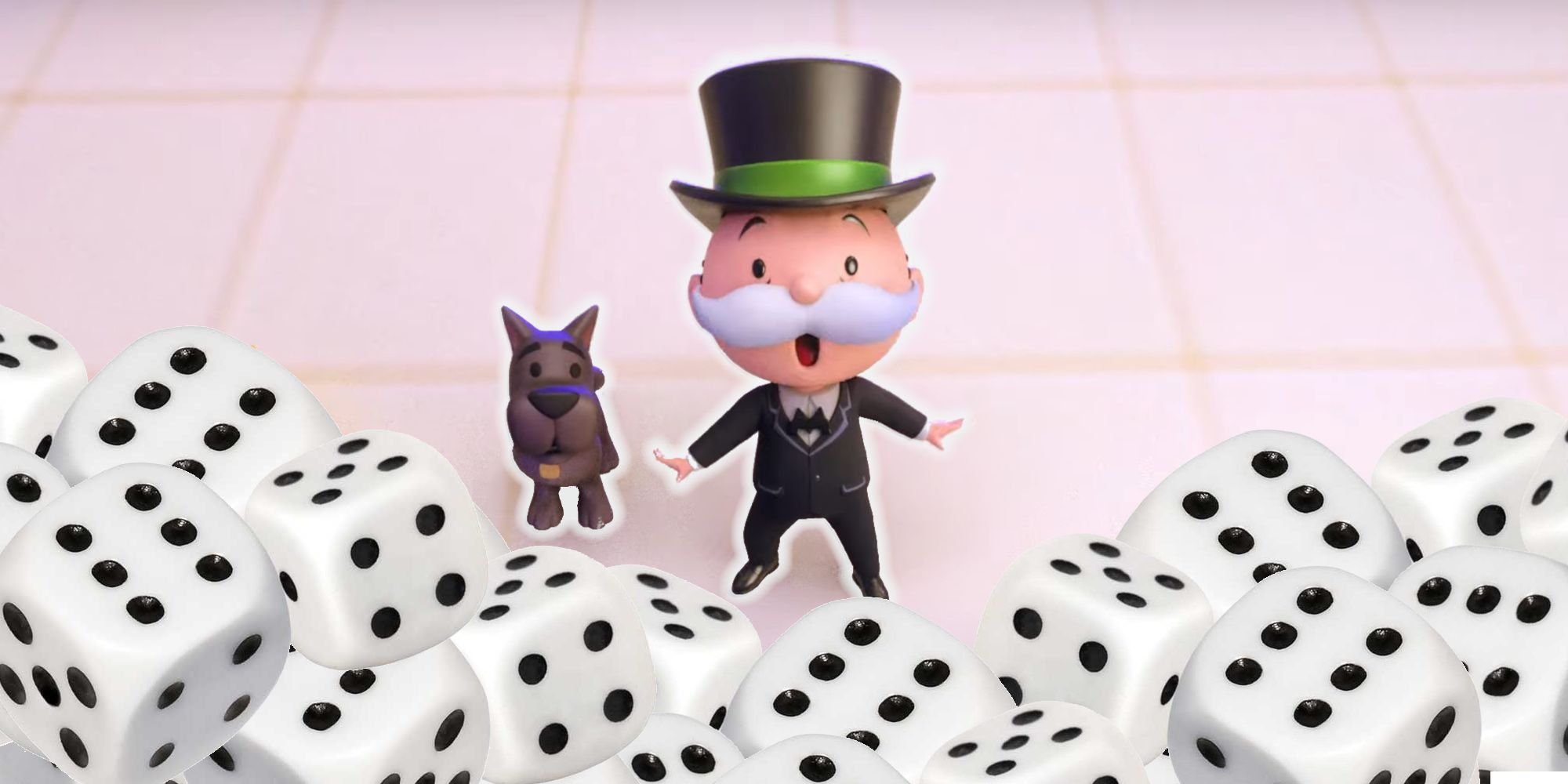 Monopoly Go, Mr. Monopoly und sein Hund, umgeben von Würfeln