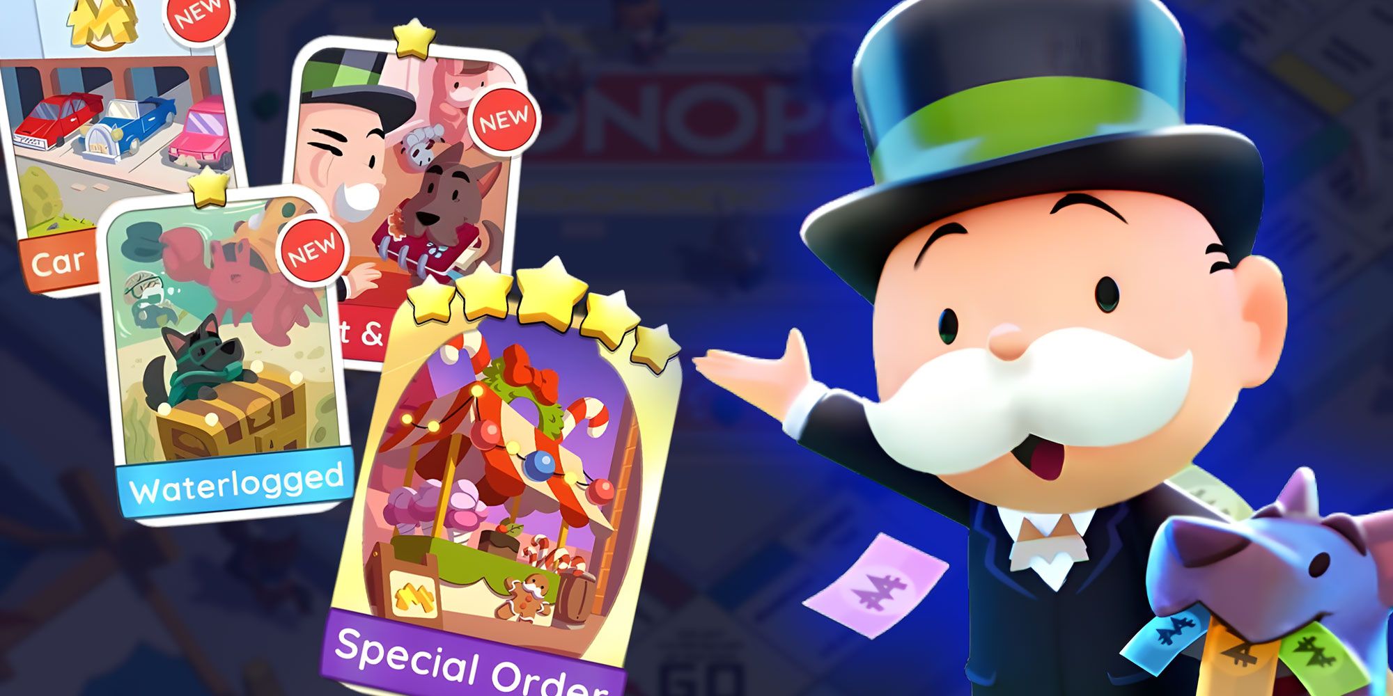 Mr Monopoly from Monopoly GO! pointing to several different stickers.