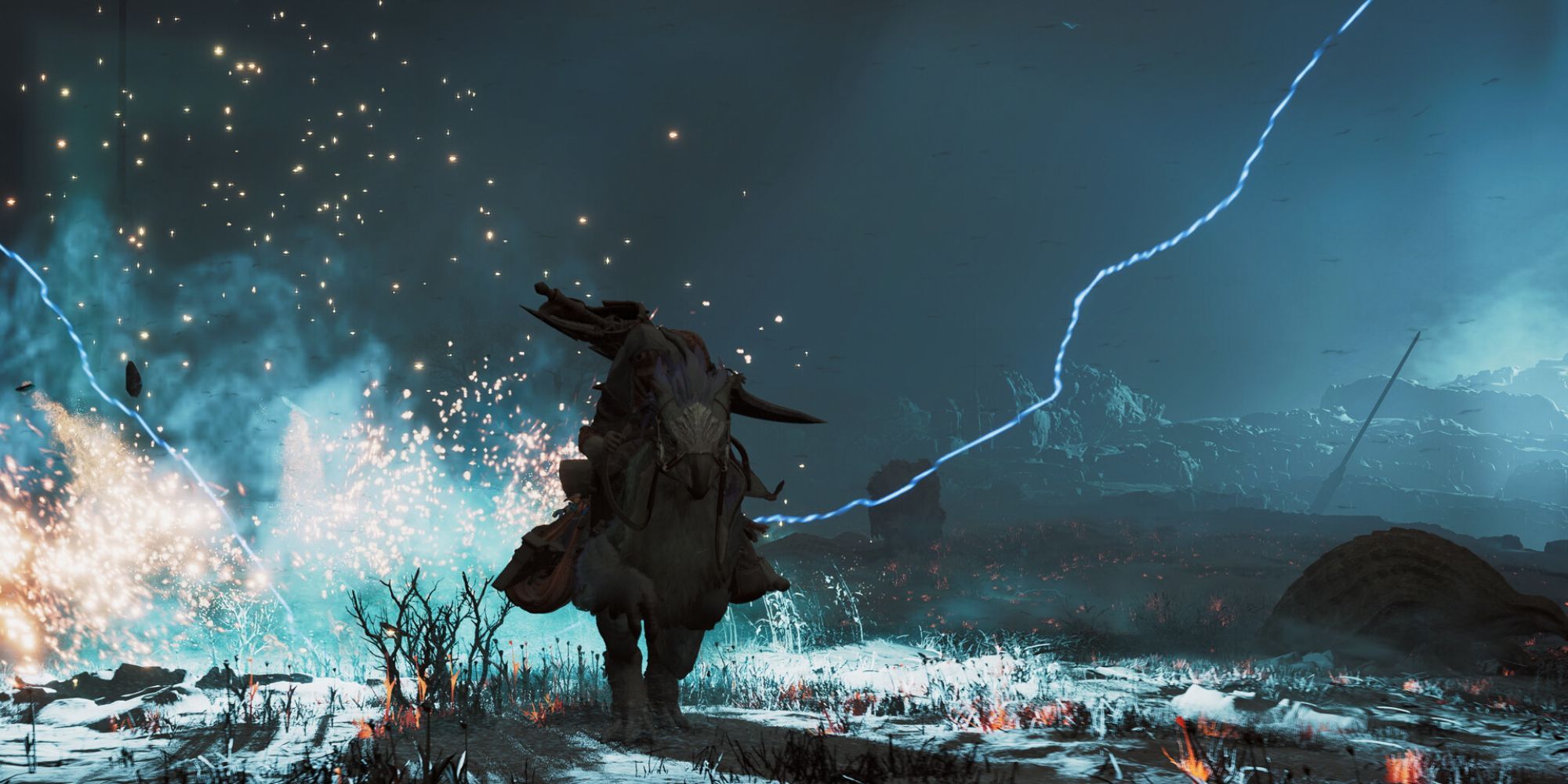 A hunter riding through lightning in Monster Hunter Wilds.