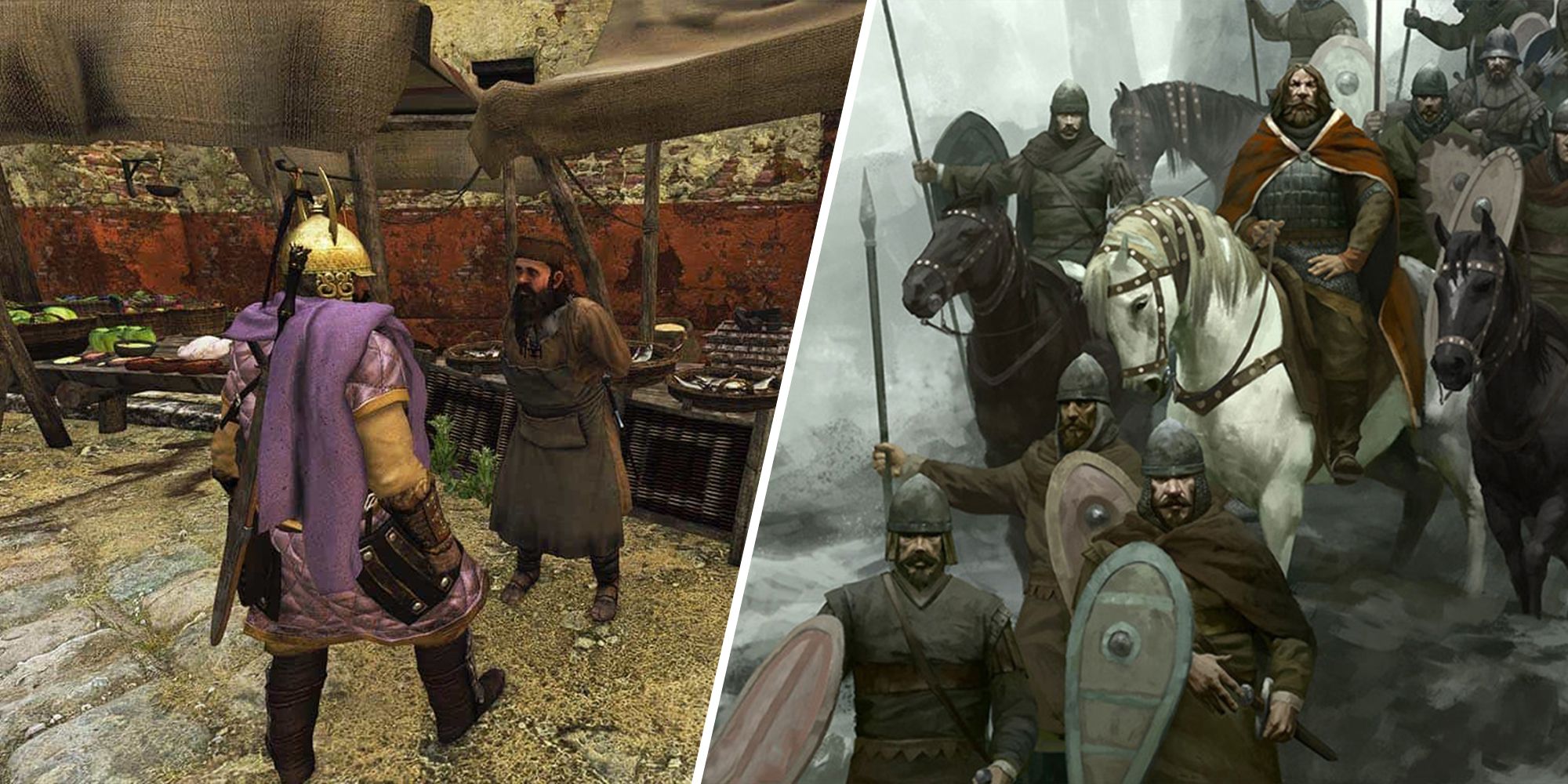 Split image of a merchant's stand and a small party travelling in snow.