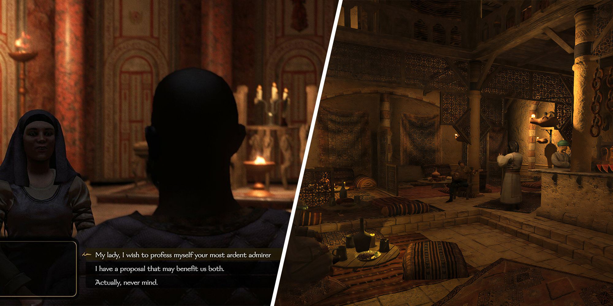 Mount & Blade 2 Bannerlord Split image of a tavern in the game and talking with a noble lady