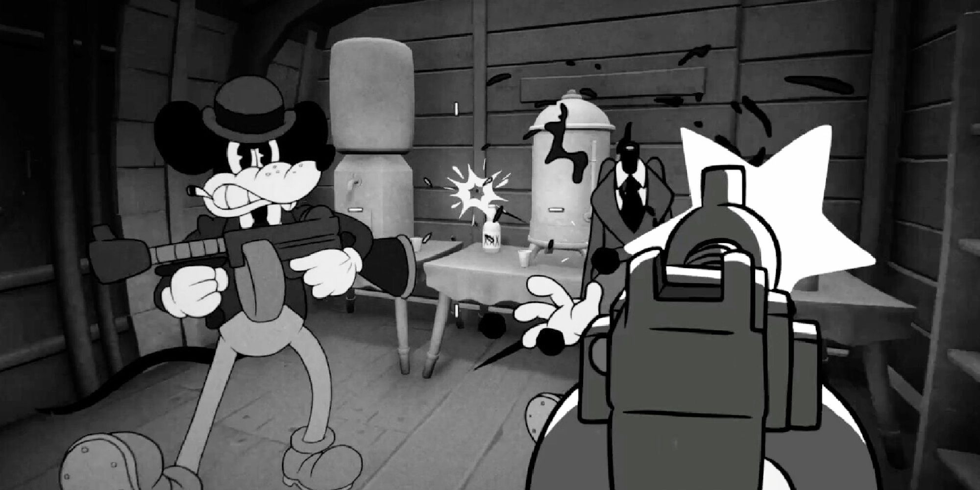 Maus-Gameplay, FPS, der mit einer Maschinenpistole auf klassische Mickey-Mouse-Charaktere im Steamboat-Willie-Stil schießt