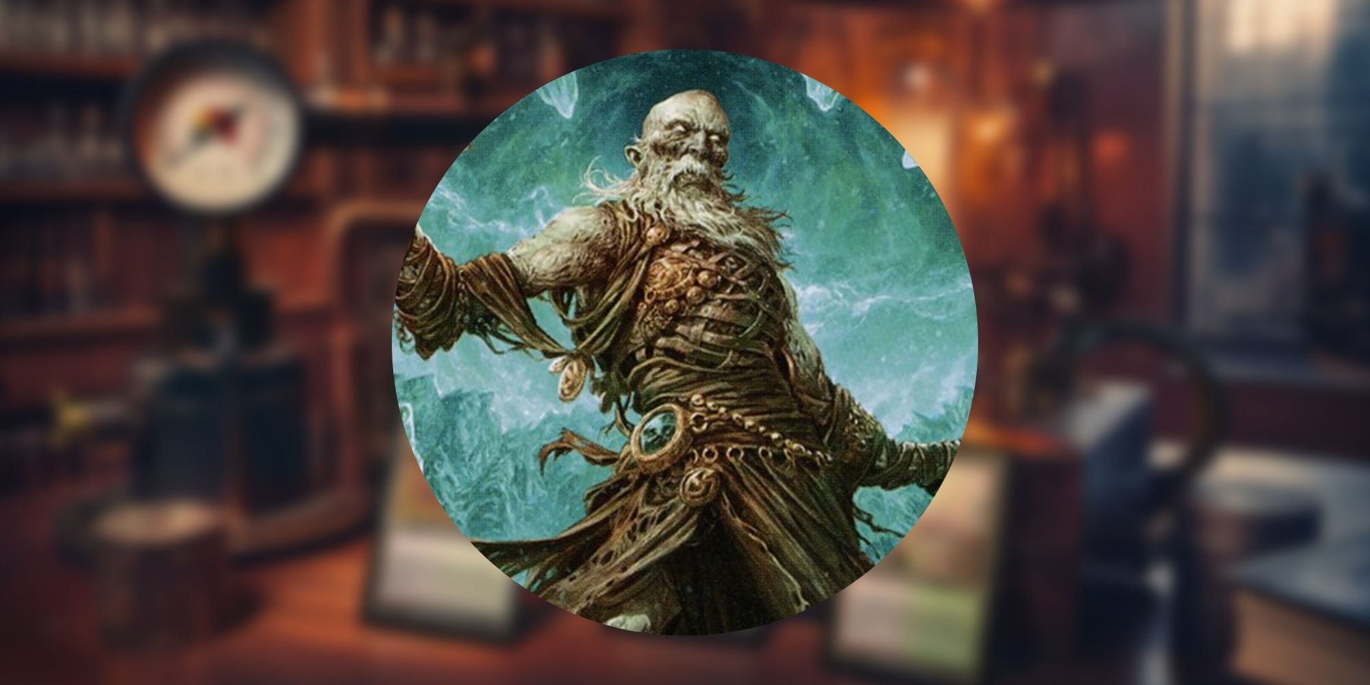 The Draugr Necromancer MTG card, in front of a background created by MTG for an ad campaign, allegedly created by AI