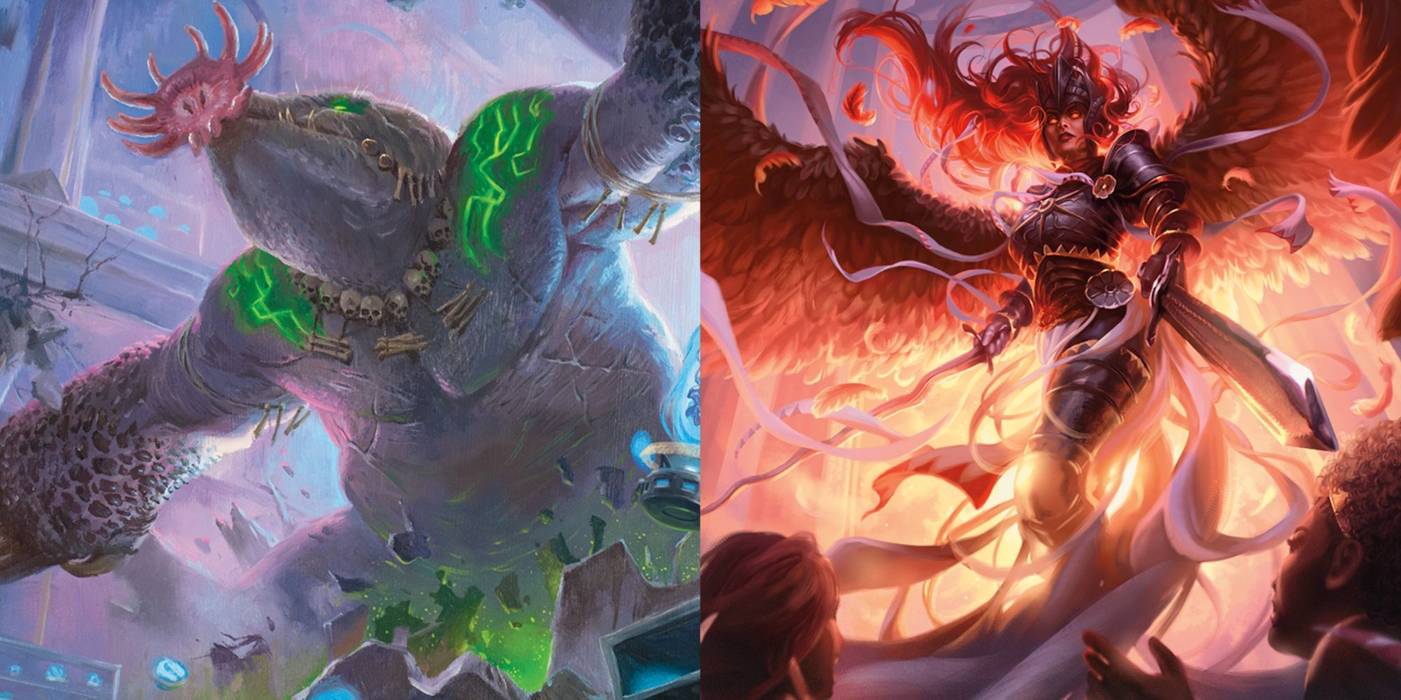 A collage of MTG cards showing Demand Answers and Anzrag's Rampage artworks.