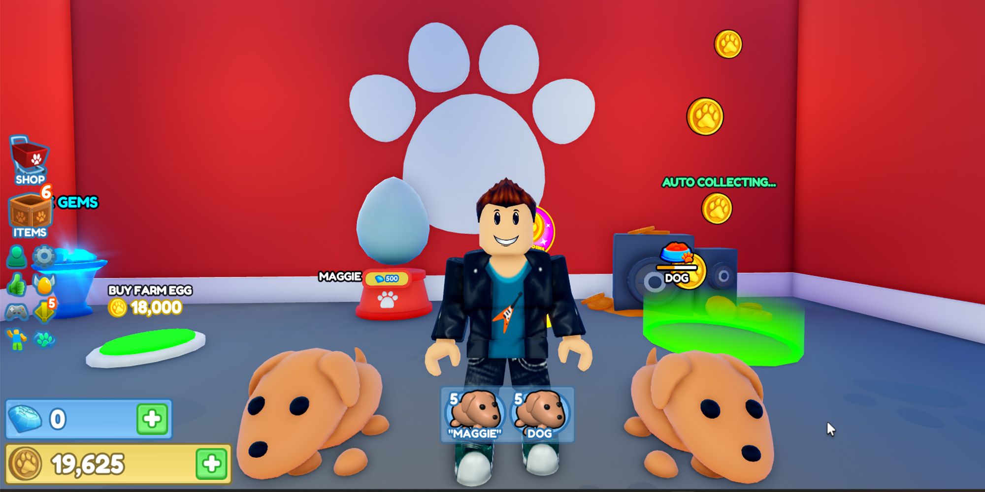 A Roblox character poses with his two dogs in Pet Mansion Tycoon.