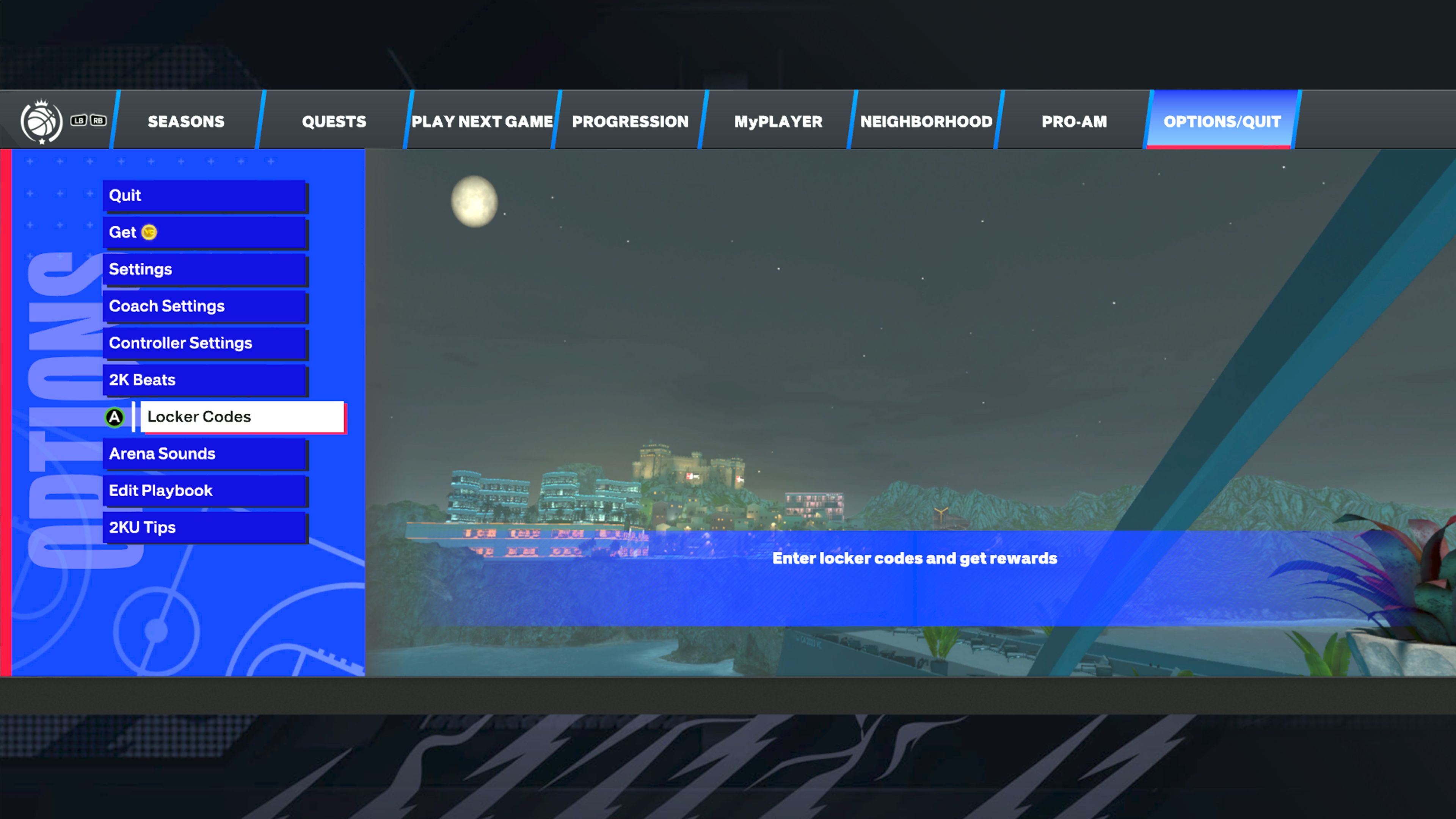 A screenshot of the Options/Quit menu in NBA 2K24, with the Locker Codes option highlighted.