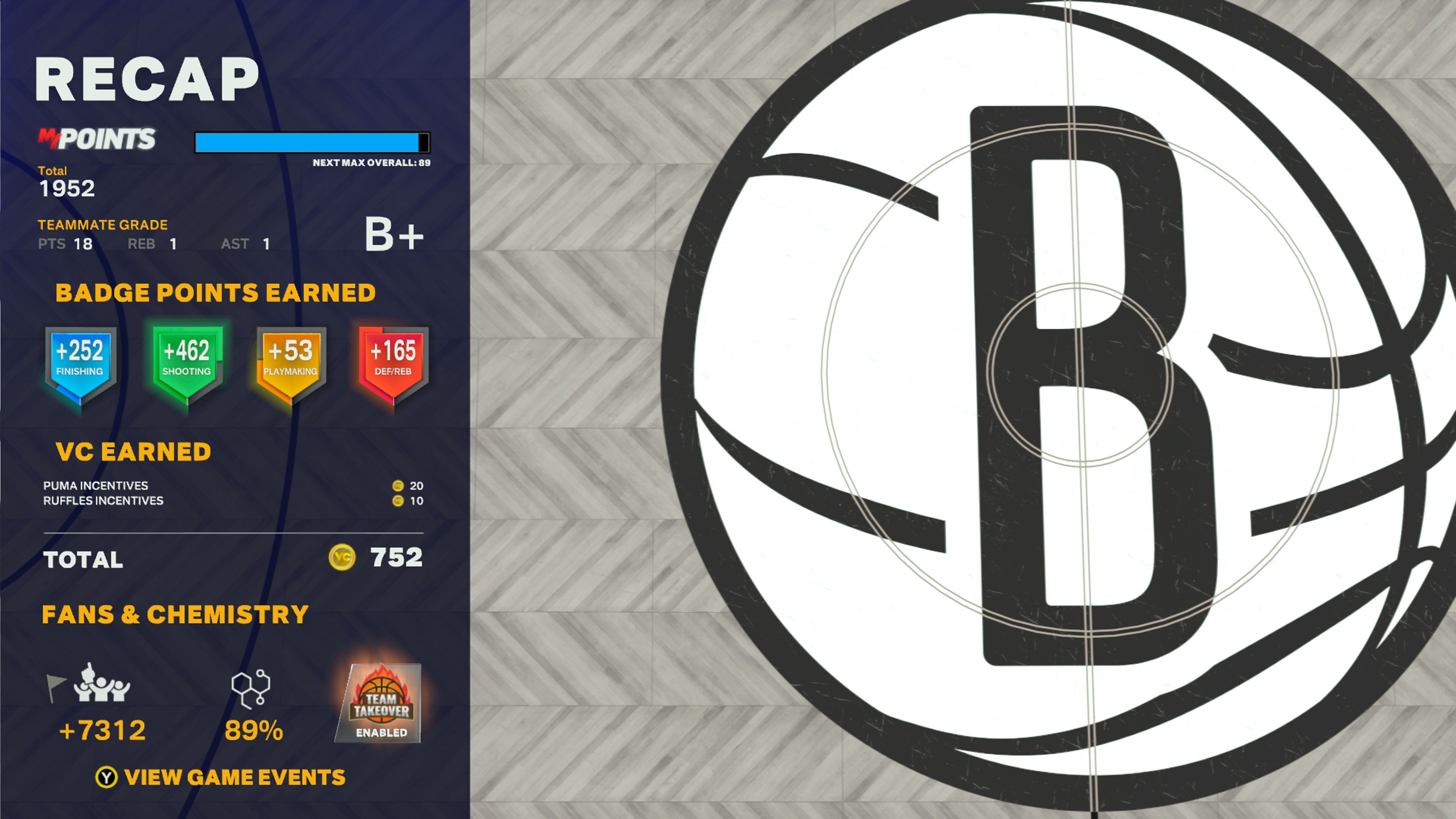 A screenshot of an end-of-game recap of a MyPlayer game, featuring Teammate Grade, Badge Points, VC Earned, and Fans &amp; Chemistry.