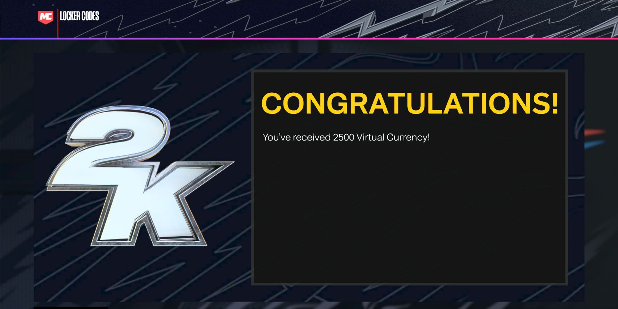 A screenshot of NBA 2K24 notifying an addition of 2,500 Virtual Currency from a Locker Code as part of MyPlayer.