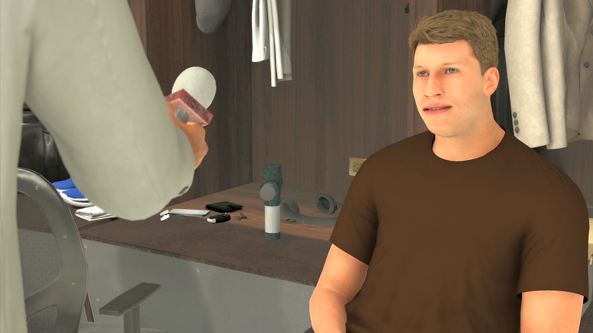 A custom MyPlayer participates in a locker room interview after a game in NBA 2K24.