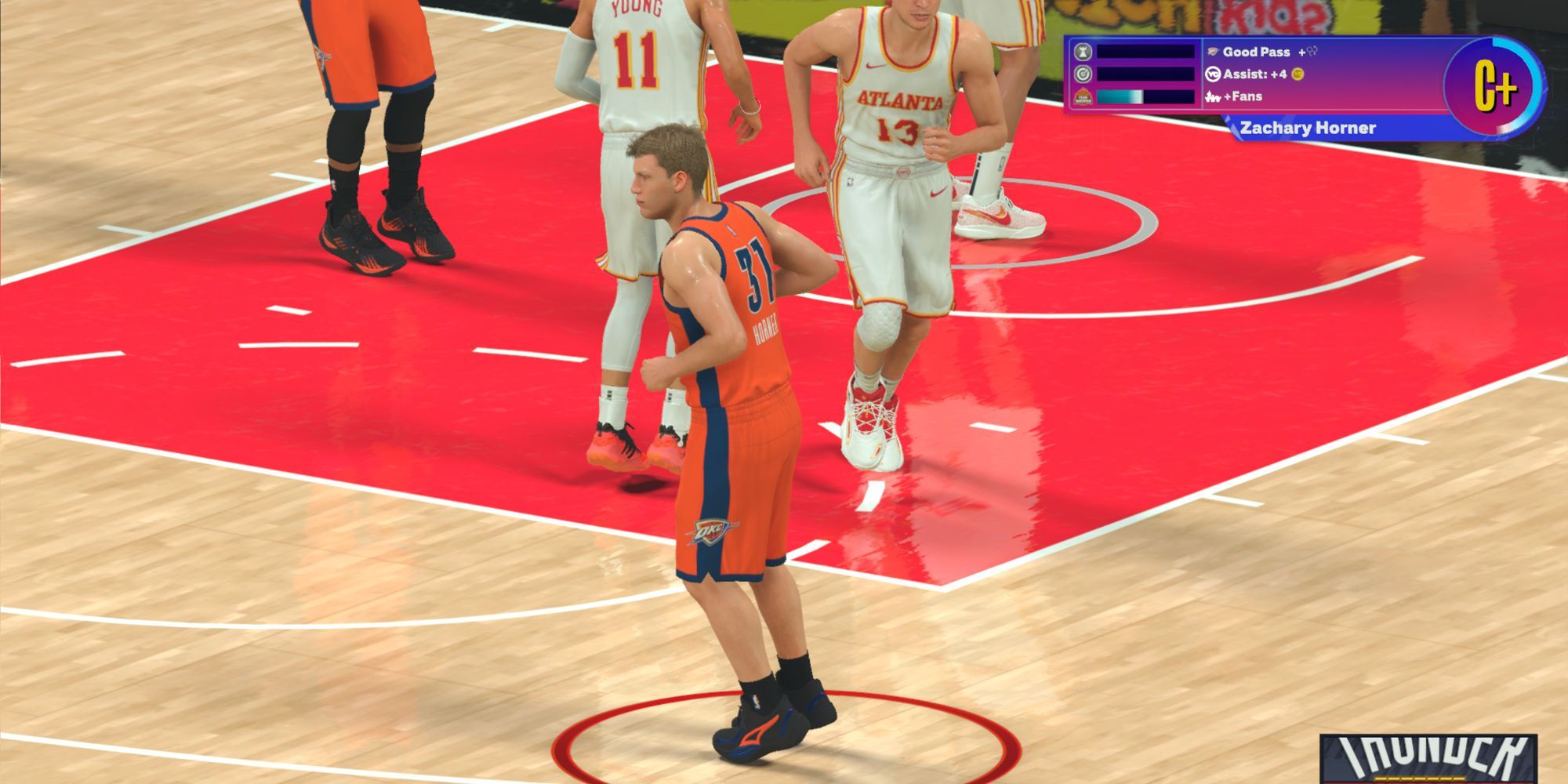 A custom NBA 2K24 MyPlayer runs back on defense after earning an assist.