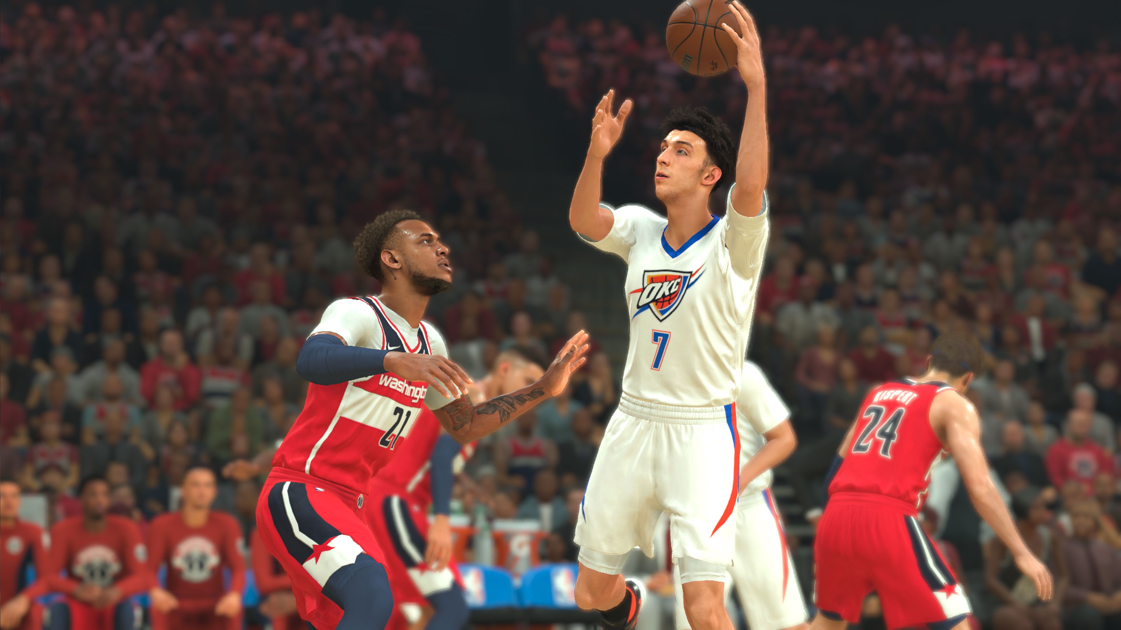 Oklahoma City Thunder center Chet Holmgren attempts a floater against a Washington Wizards player in a screenshot from NBA 2K24.