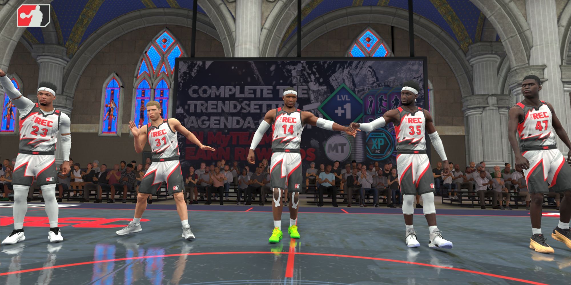 A group of custom MyPlayers are shown in a cutscene prior to the beginning of a The Rec game in NBA 2K24&rsquo;s The Neighborhood.