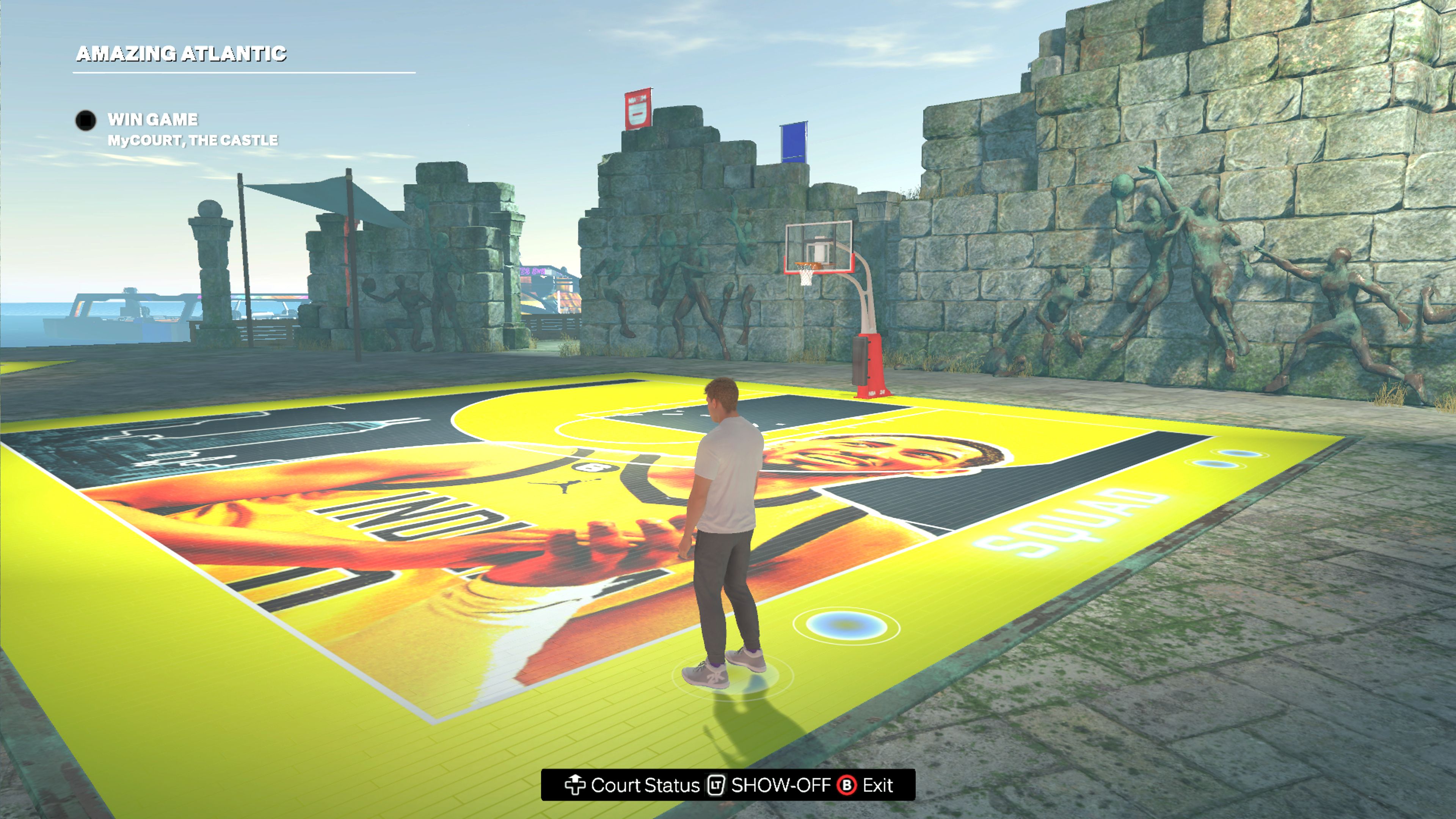 A screenshot of the Duos court from NBA 2K24 Season 4, featuring an image of Indiana Pacers guard Tyrese Haliburton.