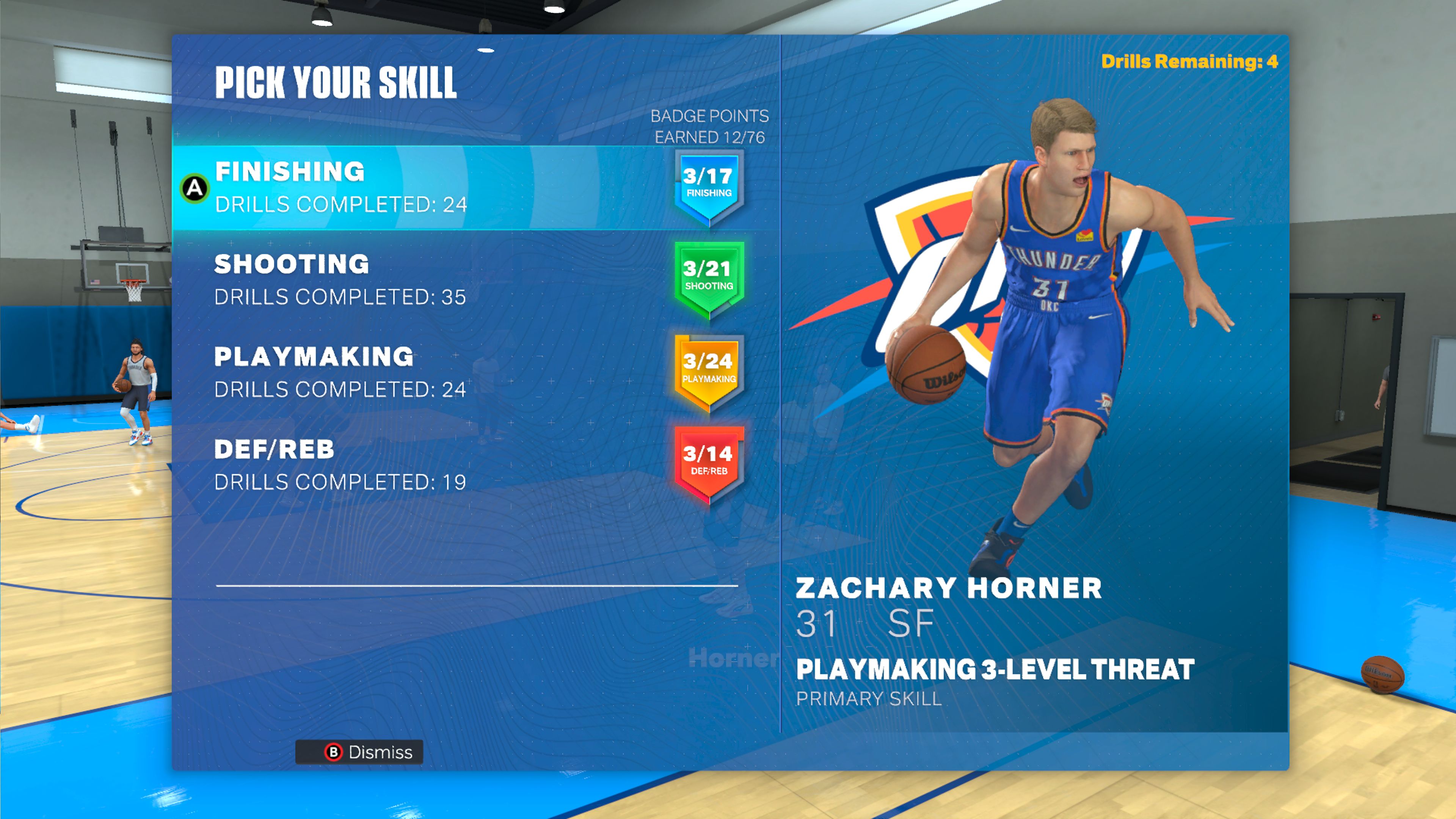 Ein Screenshot des „Pick Your Skill“-Menüs aus Team Practice im MyPlayer-Modus von NBA 2K24.