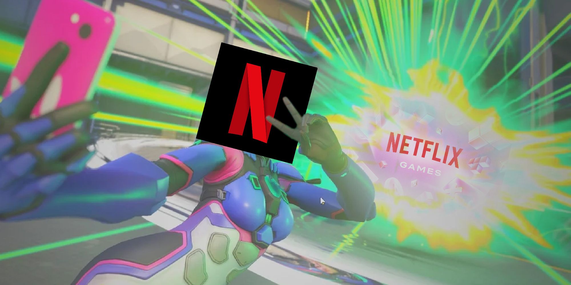 D.Va from Overwatch 2 with the Netflix logo as a head taking a selfie with Netflix Games