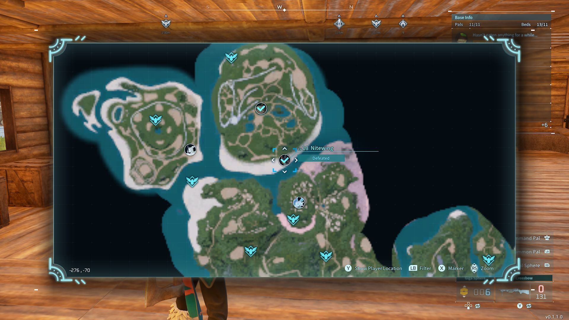 Nitewing's icon in the northern corner of the map near a beach in Palworld.