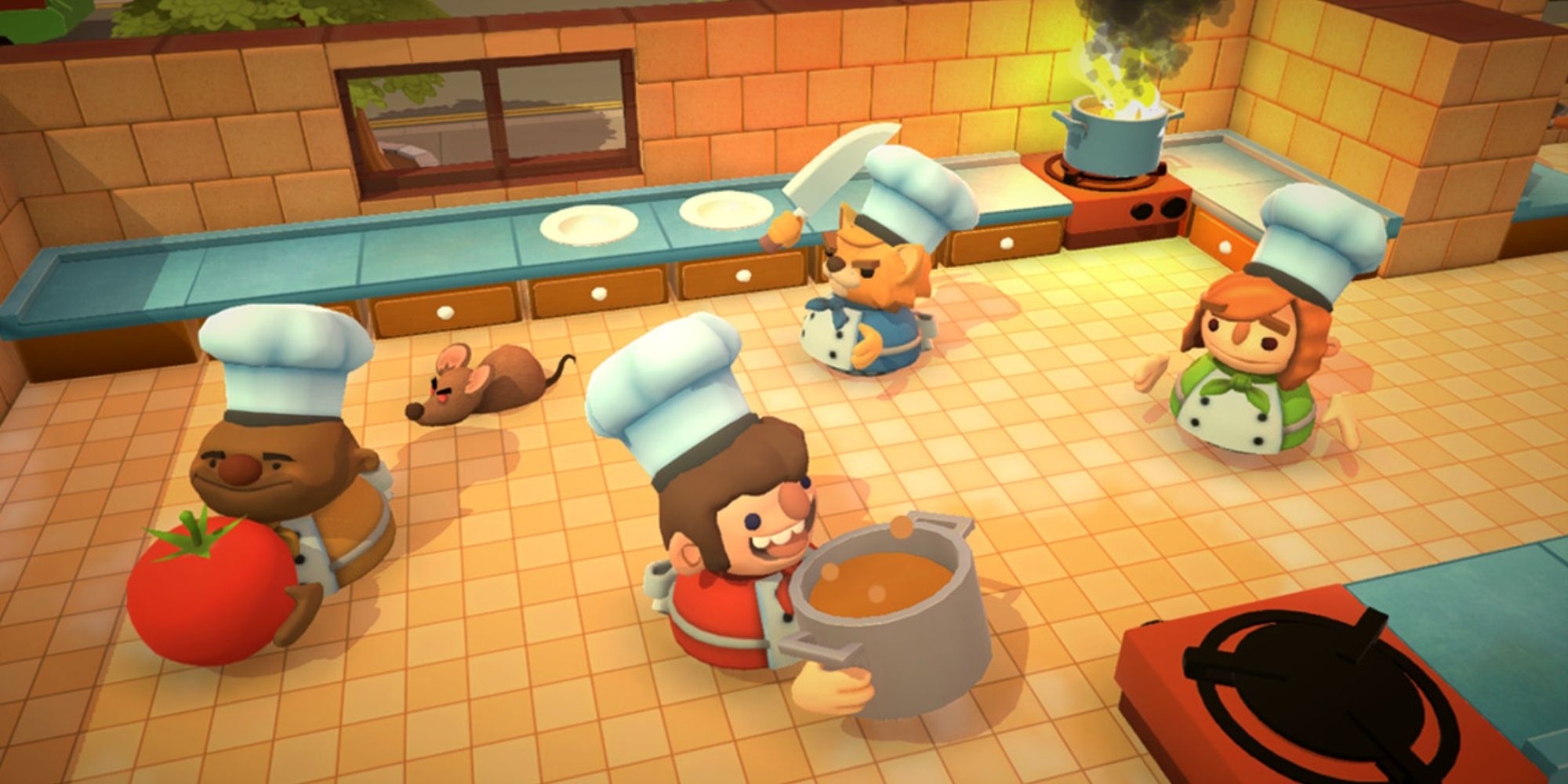 vier Spieler in einer Küche mit einer Ratte auf dem Boden und einem brennenden Topf verkocht