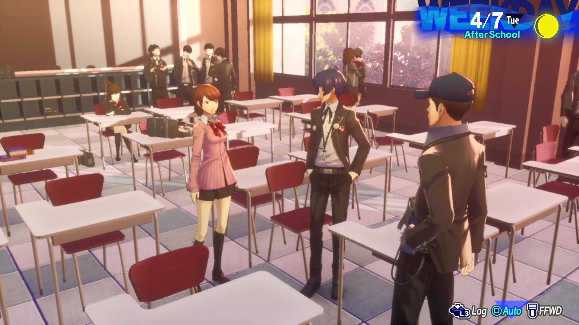 Persona 3 Reload: Yukari, Junpei, and MC in the classroom