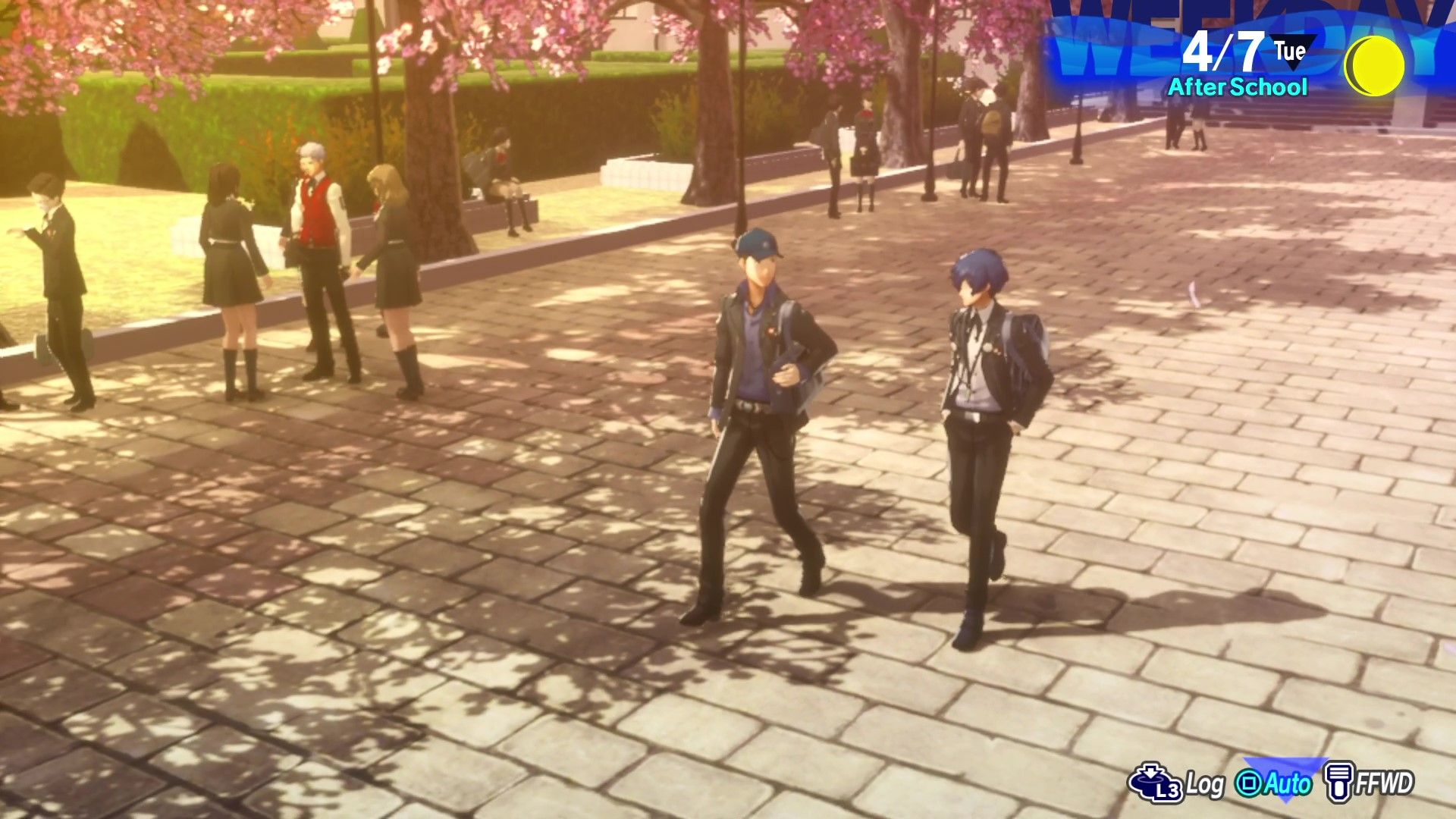 Persona 3 Reload: Junpei walking alongside the main character