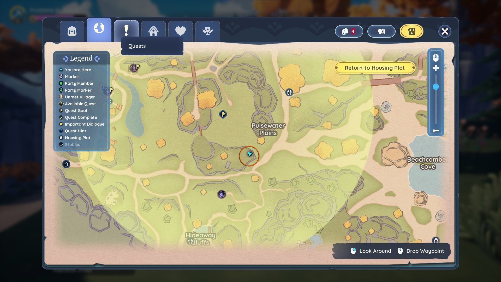 Palia map showing a location circled in orange. Just southeast of the words for Pulsewater Plains is the second chapaa pile to search for more poetry.