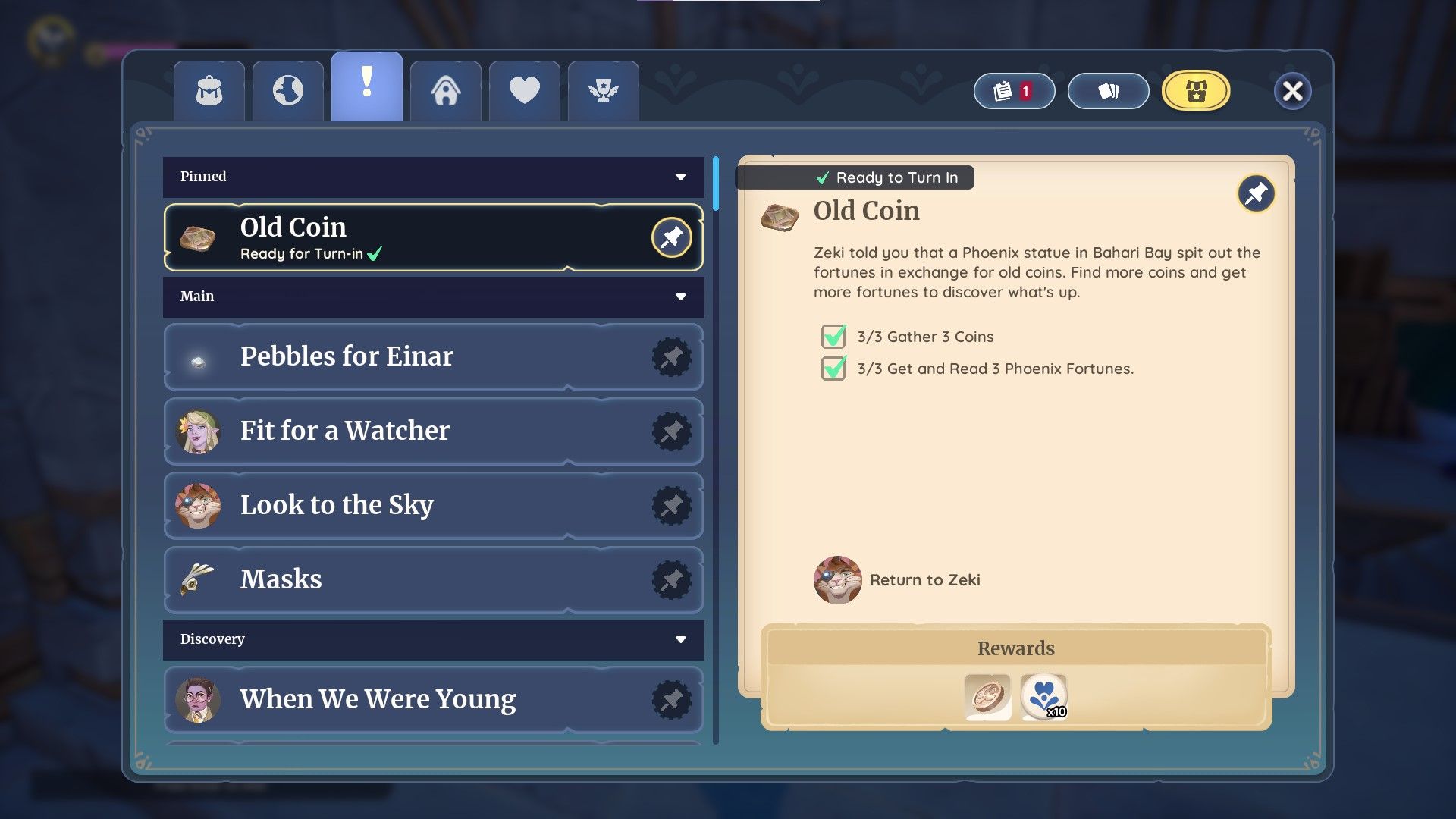Palia quest log showing the Old Coin quest and the rewards. A special Zeki coin and renown are shown.