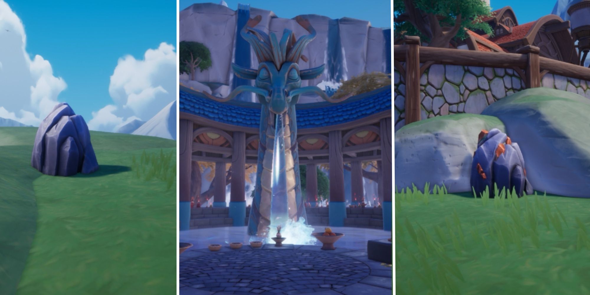 Palia center panel shows the Dragon shrine, left panel shows a large stone mining node, and the right panel shows a large copper mining node. These are hints about where to find Starstones in the game.