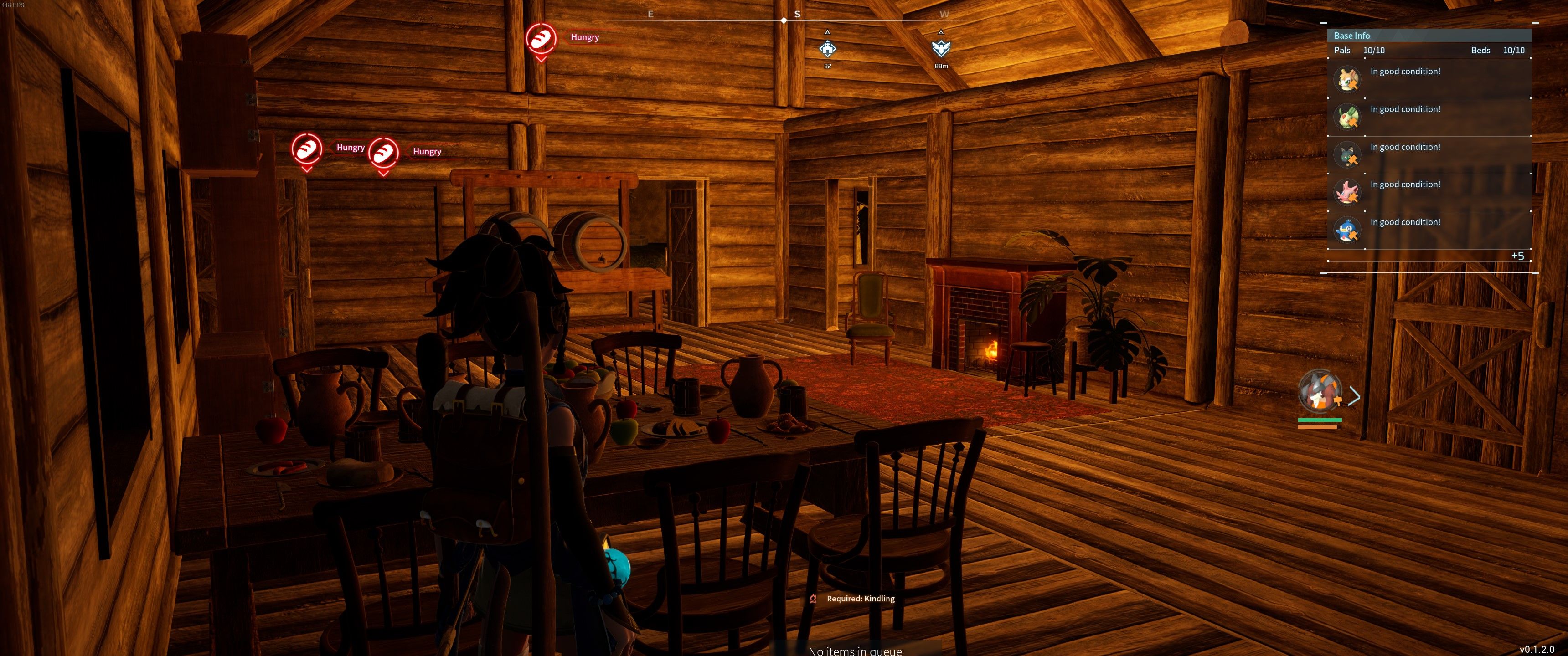 Palworld: the player stands by the dining room table in their house