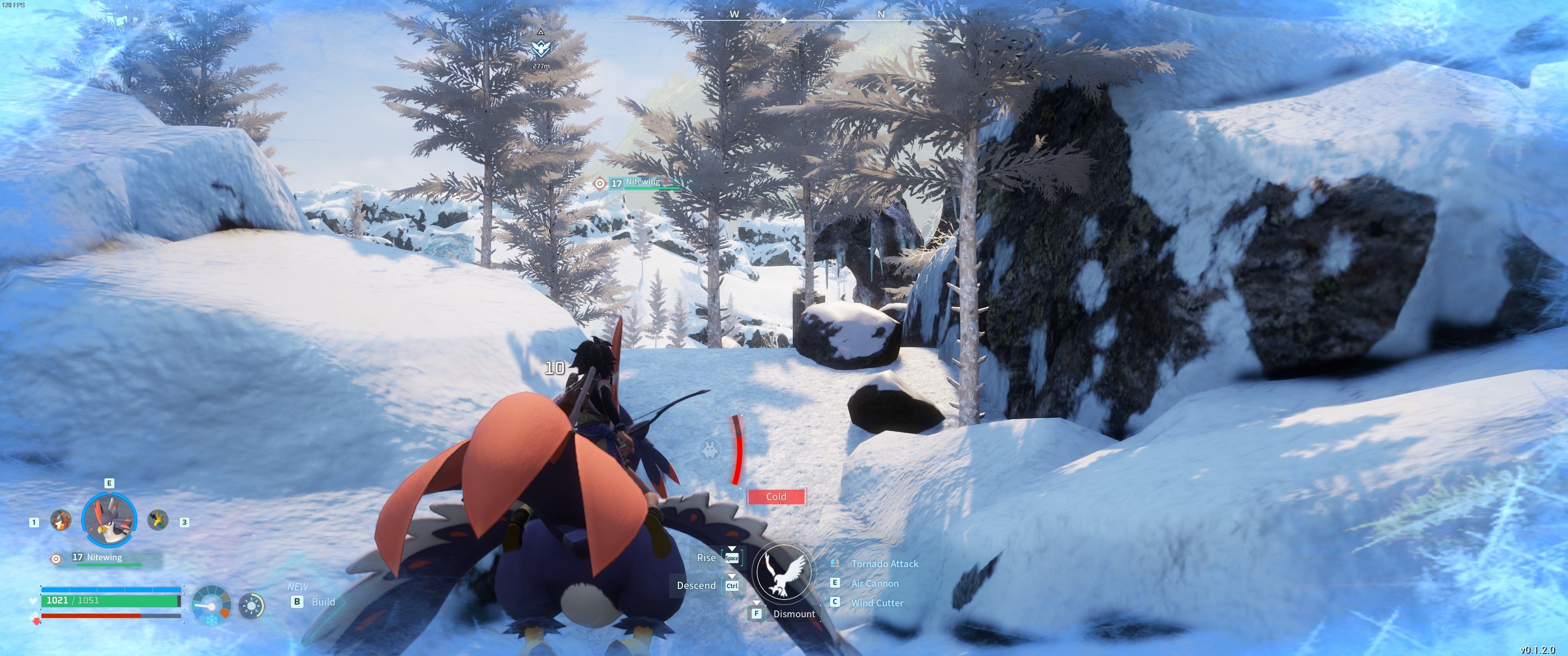 Palworld: The player rides Nitewing through the Tundra while the notification for 'cold' lights up on the bottom of the screen