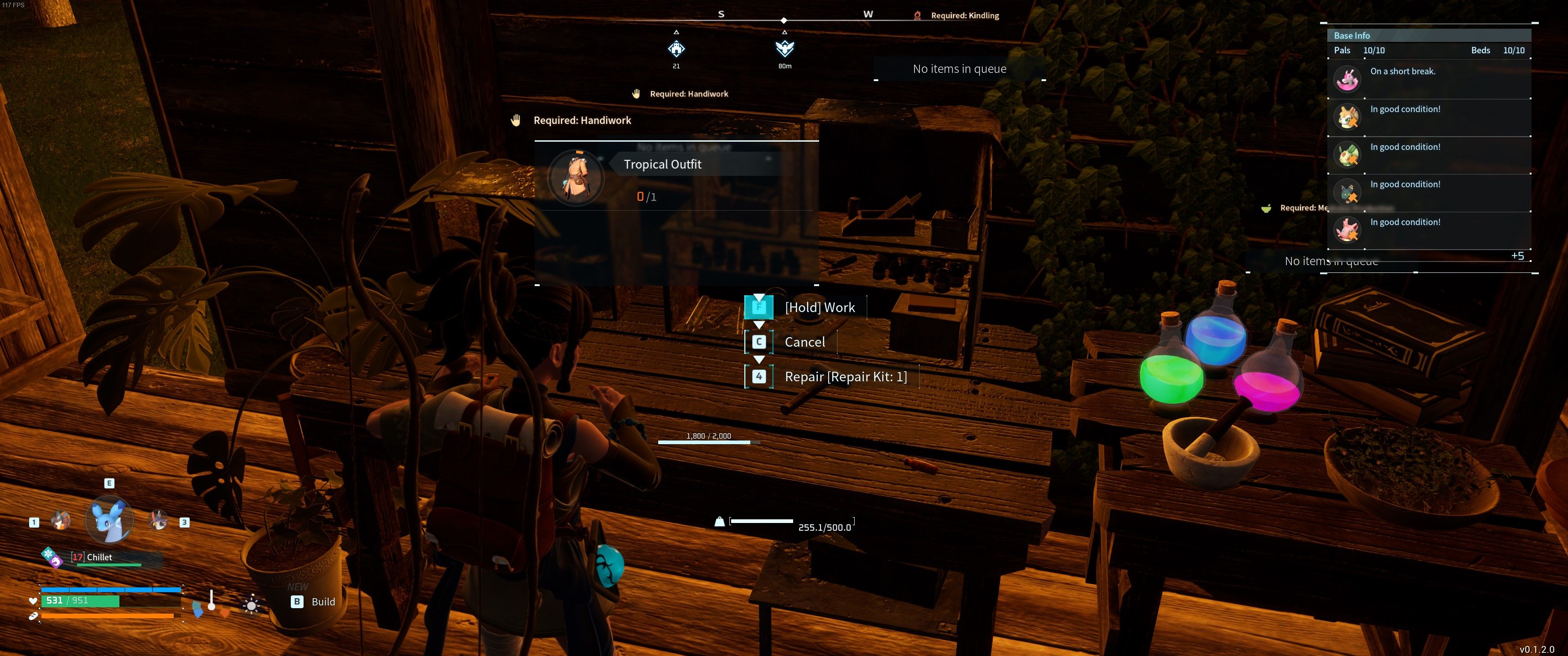 Palworld: The player crafting the Tropical Outfit at a workbench