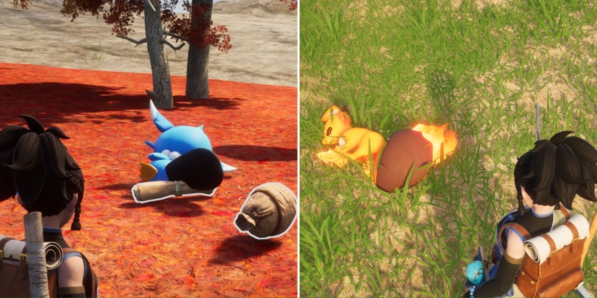 Palworld: A split image with the player character looking at a dead Fuack on the left and a dead Foxparks on the right