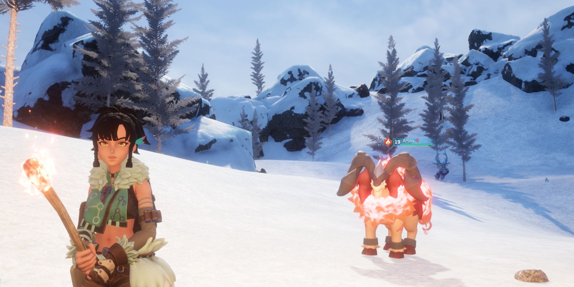 Palworld: the player character wearing Cold Resistant Pelt Armor and standing next to Arsox in the Tundra