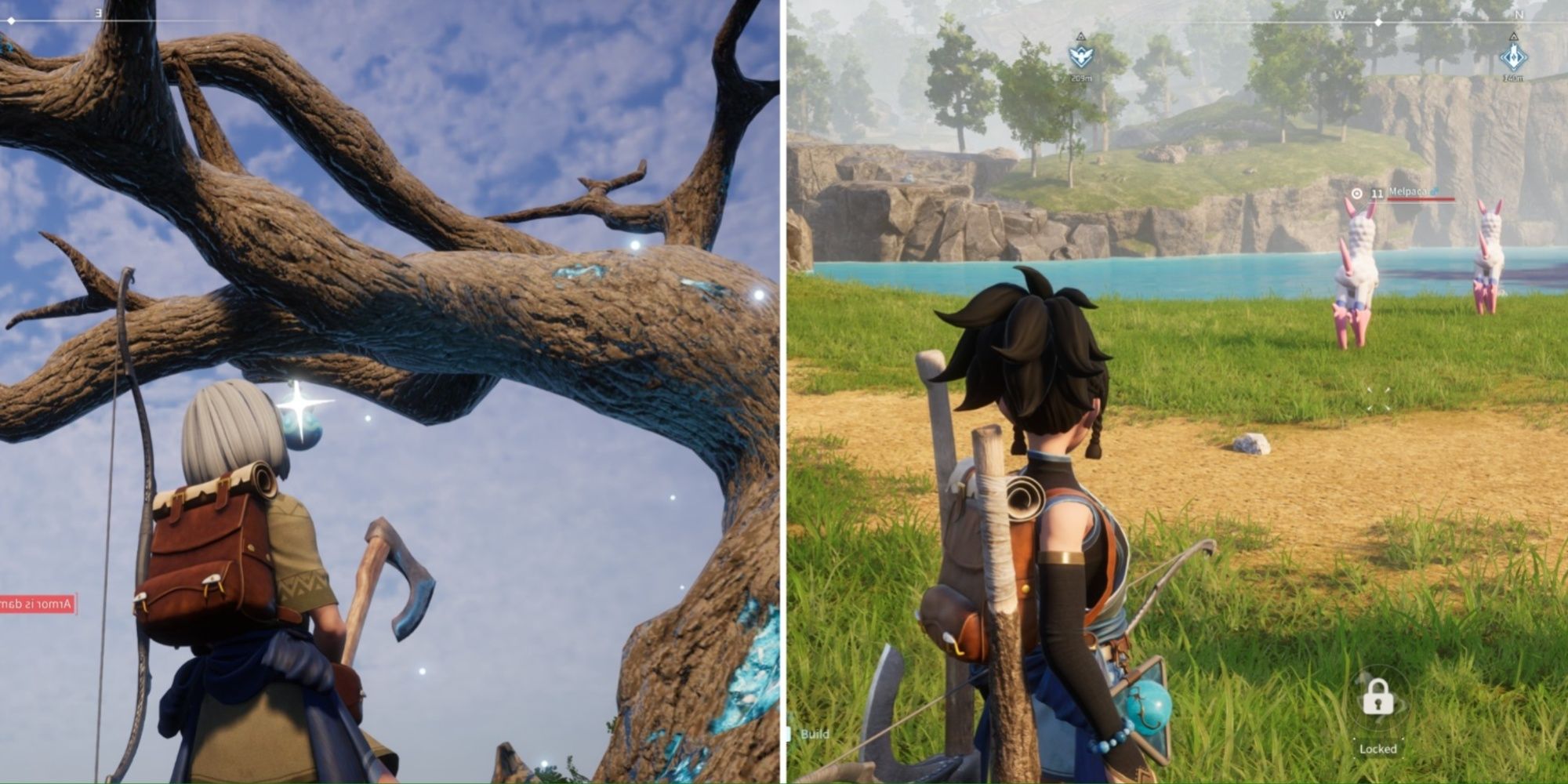 Palworld: Ein geteiltes Bild eines Spielers, der links auf einen Skill-Obstbaum blickt, und eines anderen Spielers, der rechts auf einen See blickt