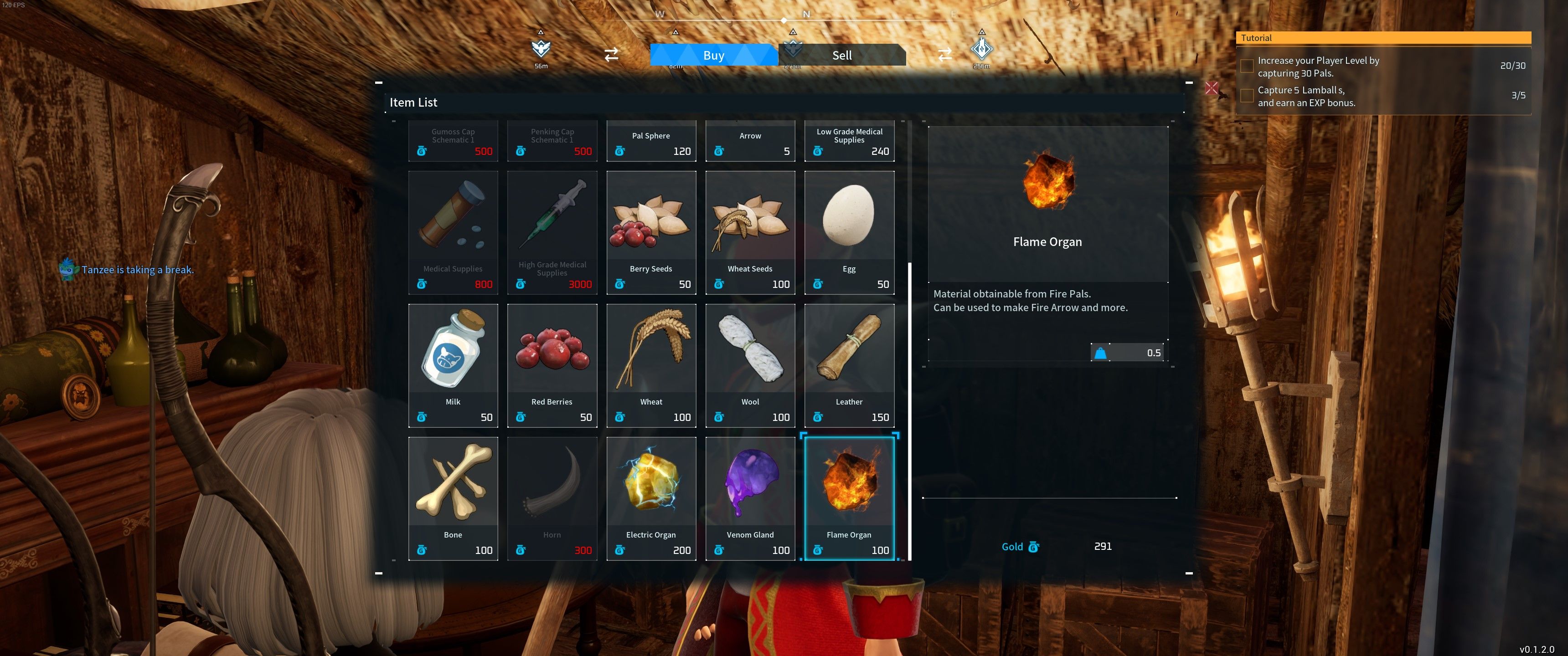 Palworld: An image of the Merchant screen showing Flame Organs in the shop menu