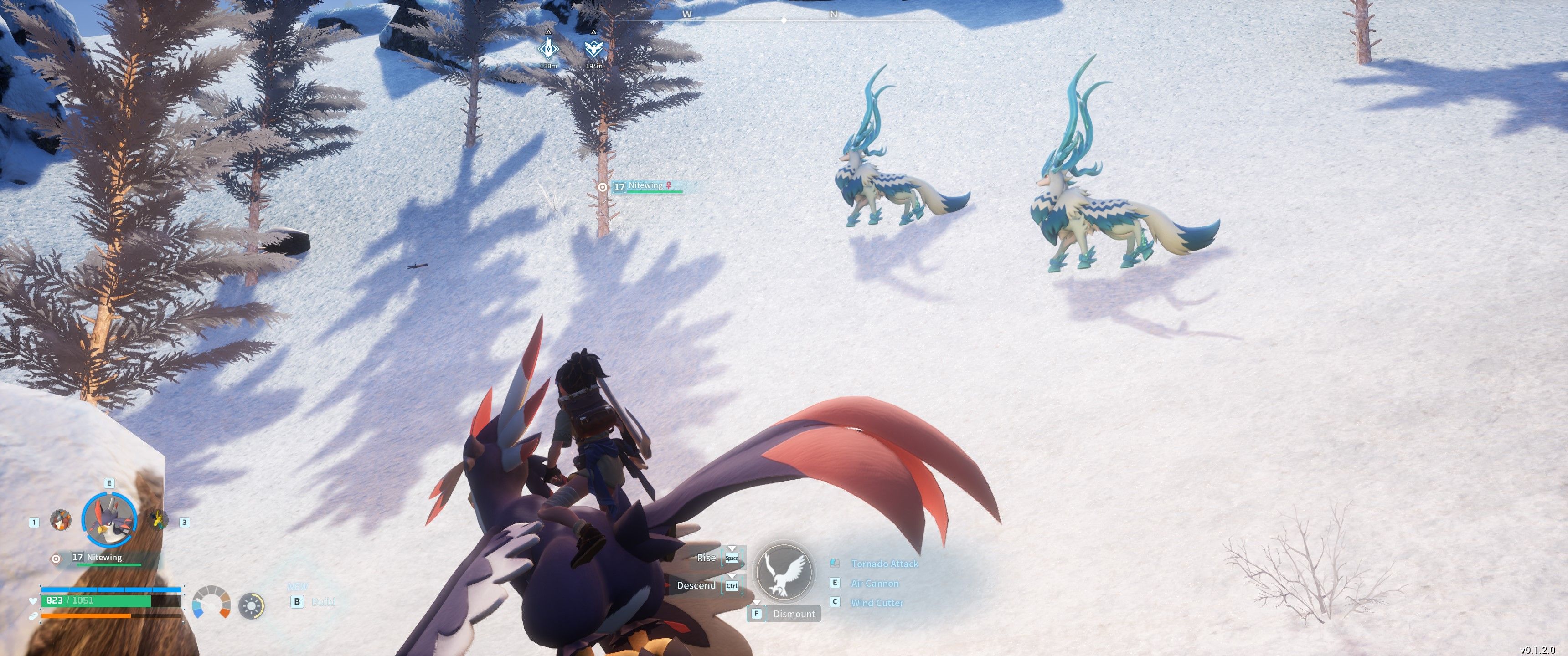 Palworld: Two Reindrix walk underneath the Player who flies over them on Nitewing