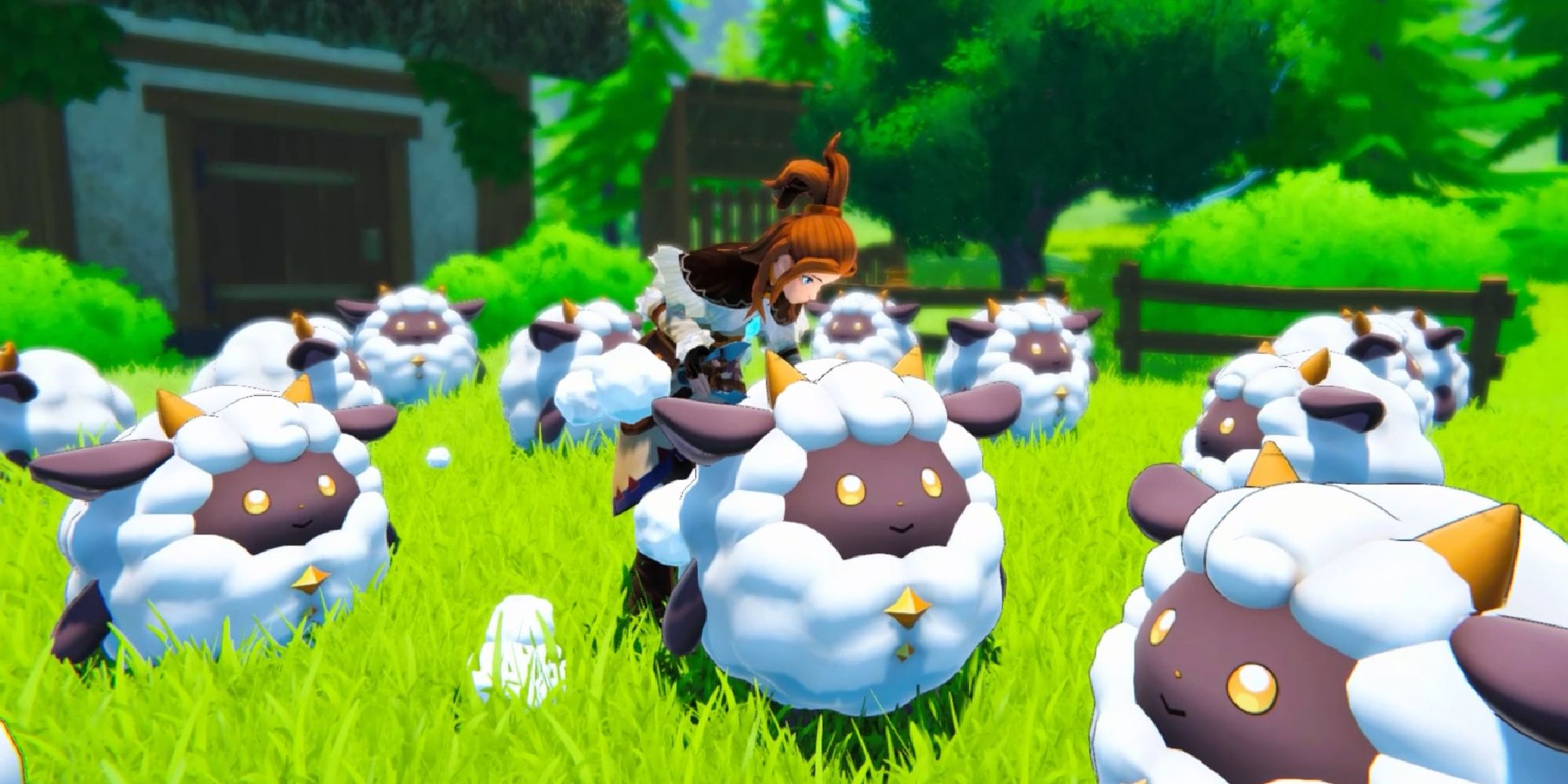 Palworld-Screenshot von Schafen auf einem Feld
