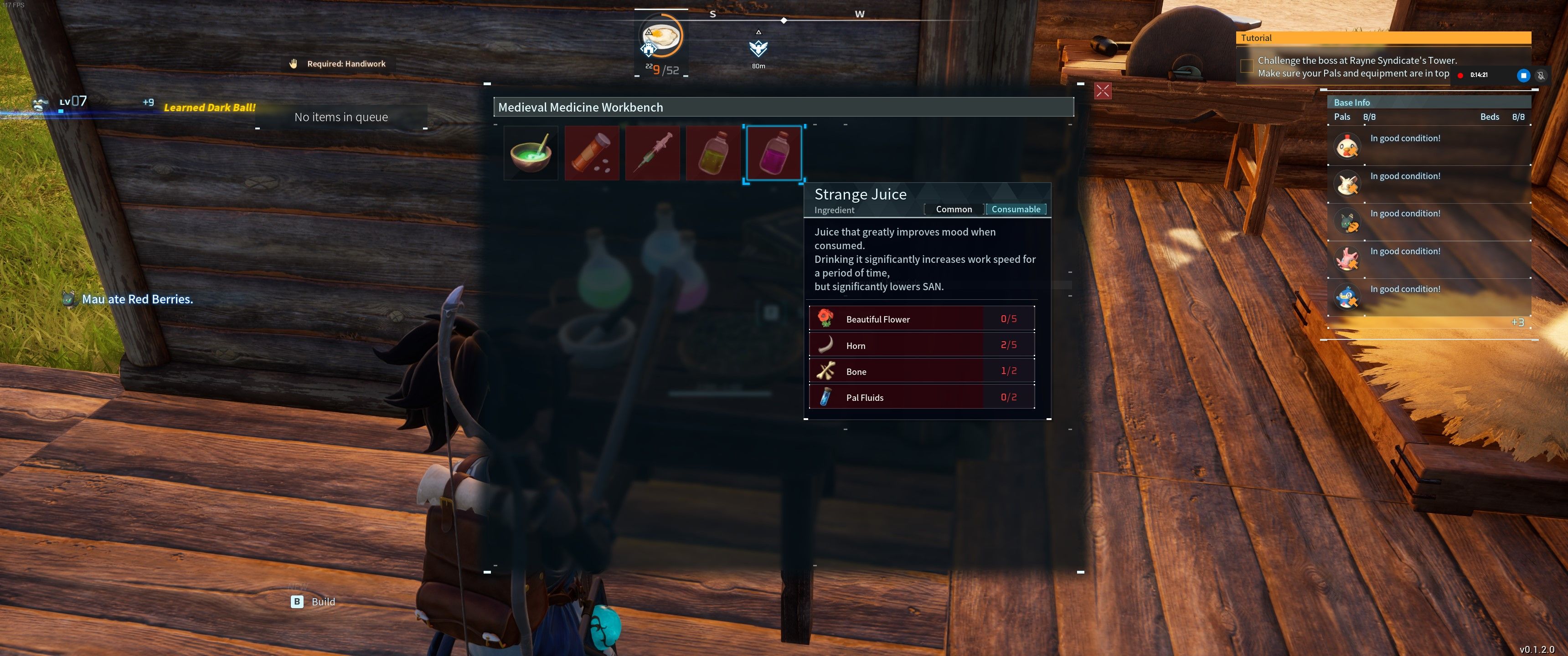 Palworld: The player character uses the Medieval Medicine Workbench and selects Strange Juice in the options menu. 