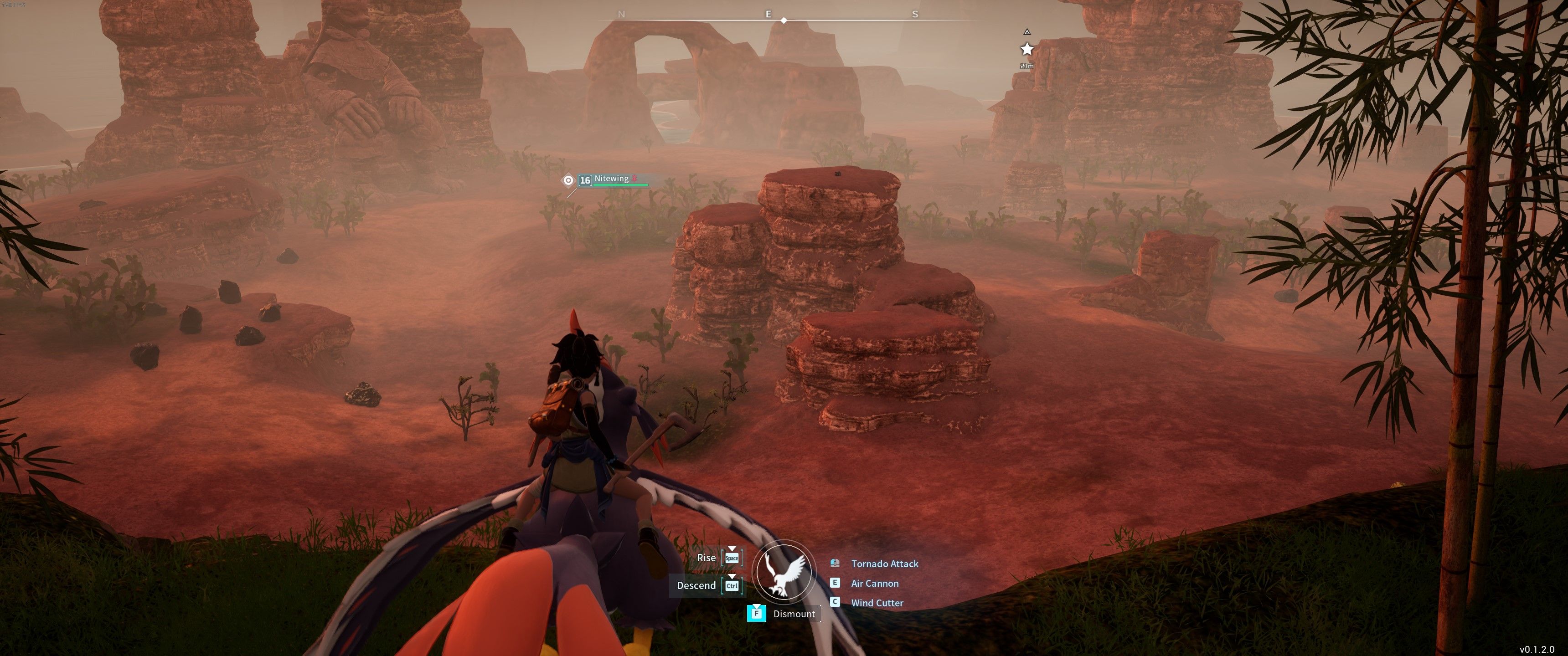 Palworld: The player and Nitewing fly through the desert