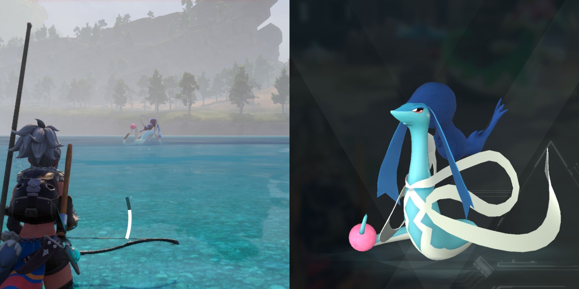 Collage image of a player approaching an Azurobe and an Azurobe in the Paldeck in Palworld.