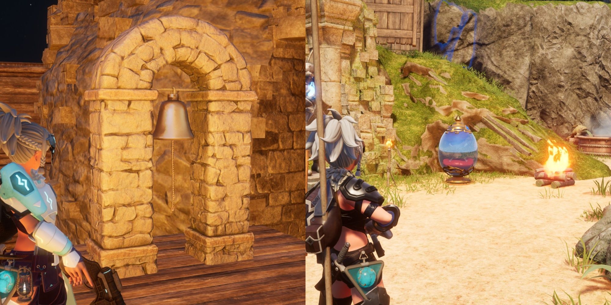 Collage of a character besides an Alarm Bell and a character standing in their base in Palworld.
