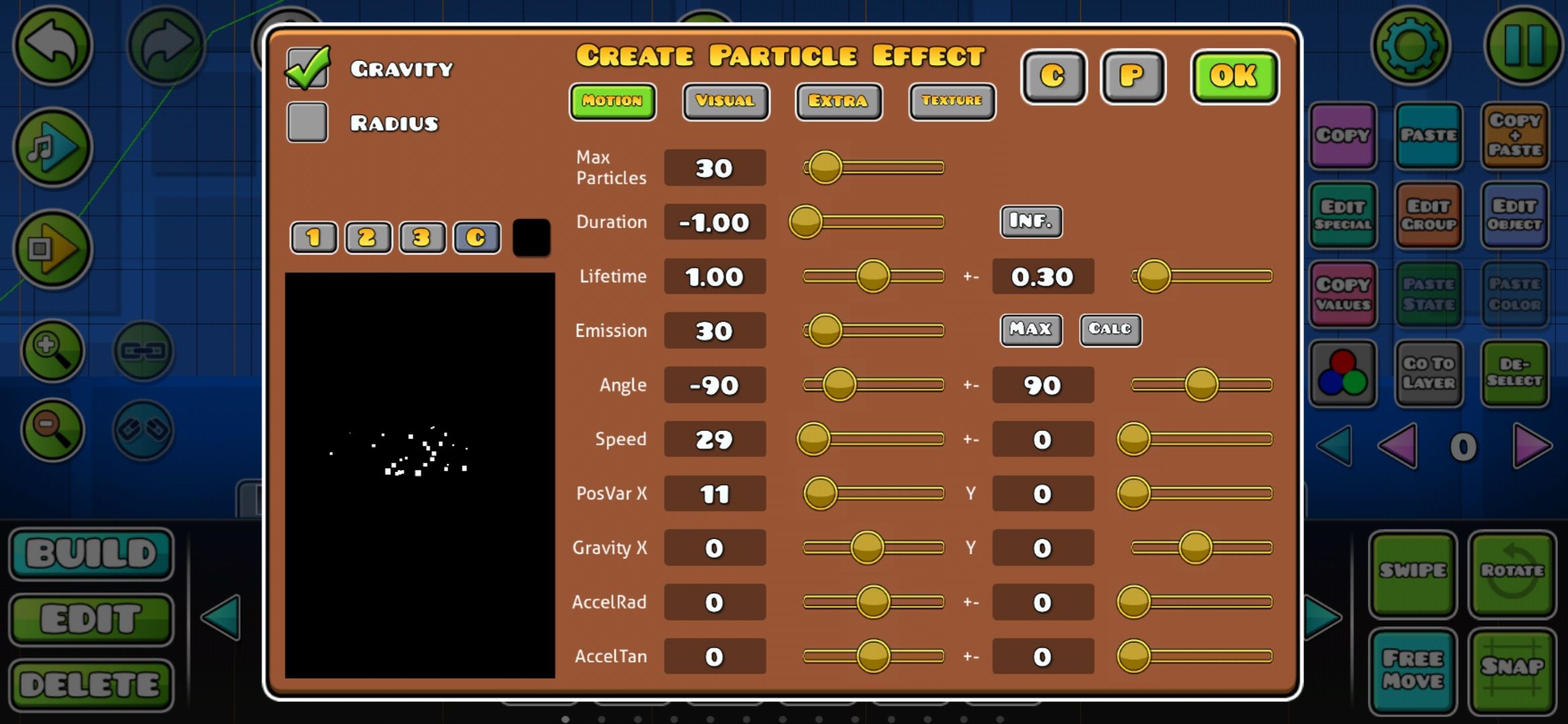 effects in Particle Editor in Geometry Dash