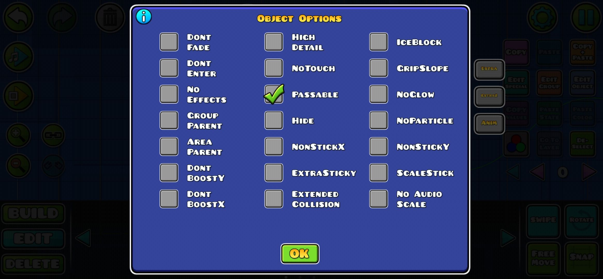 Passable option ticked in the Object Options menu of Geometry Dash.