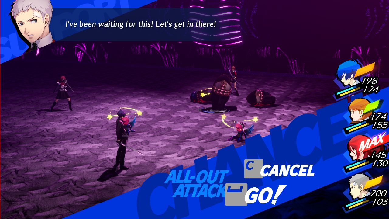 Persona 3 Reload Persona users about to perform an All-Out attack on Servant Tower and two Enslaved Cupids