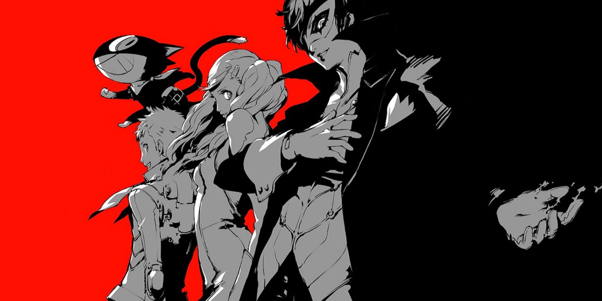 The cover art for Persona 5, showing the main cast on a black and red background