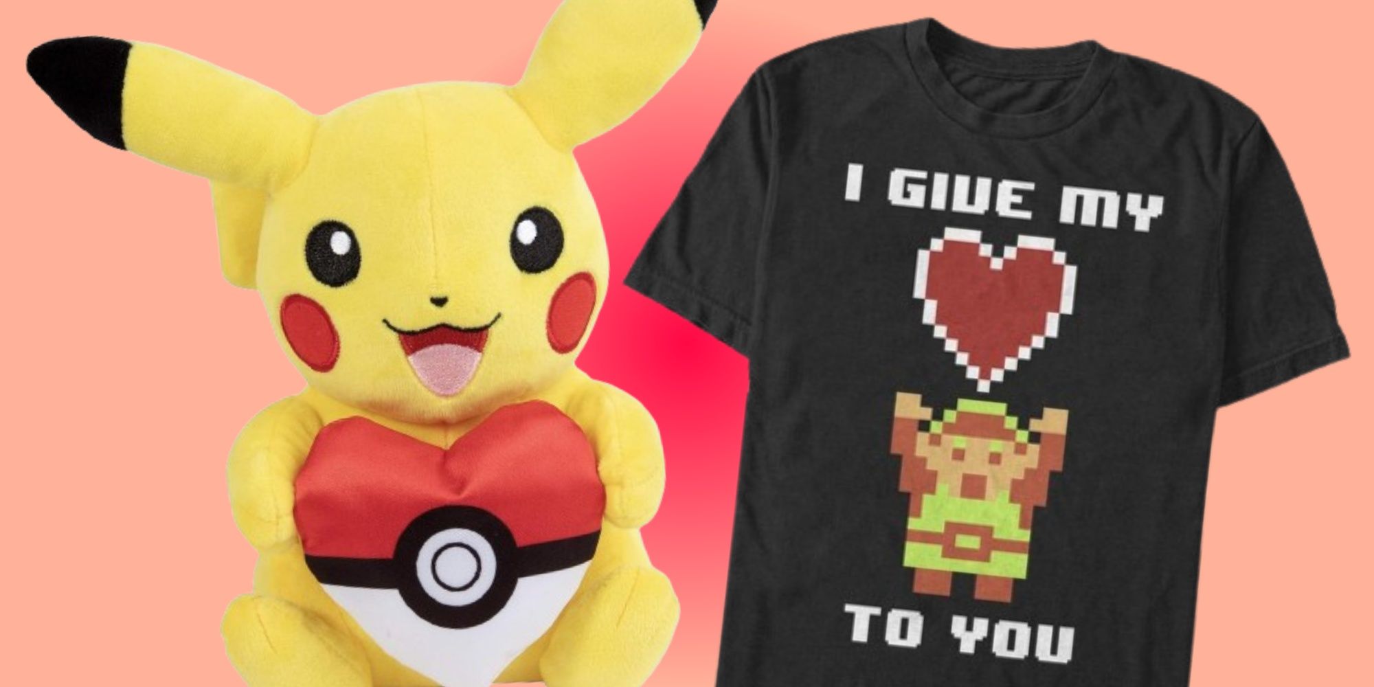Pikachu plush and Zelda t-shirt on a gradient background
