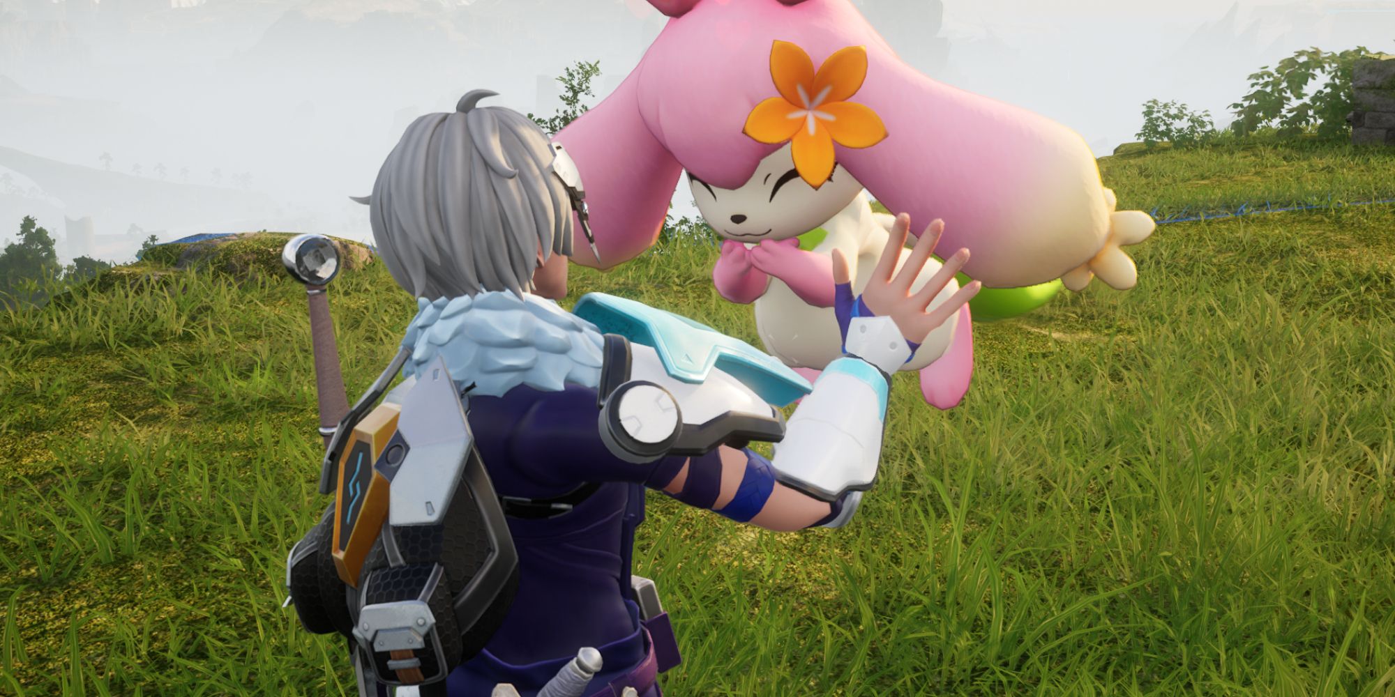 Player is petting a happy flopie Palworld