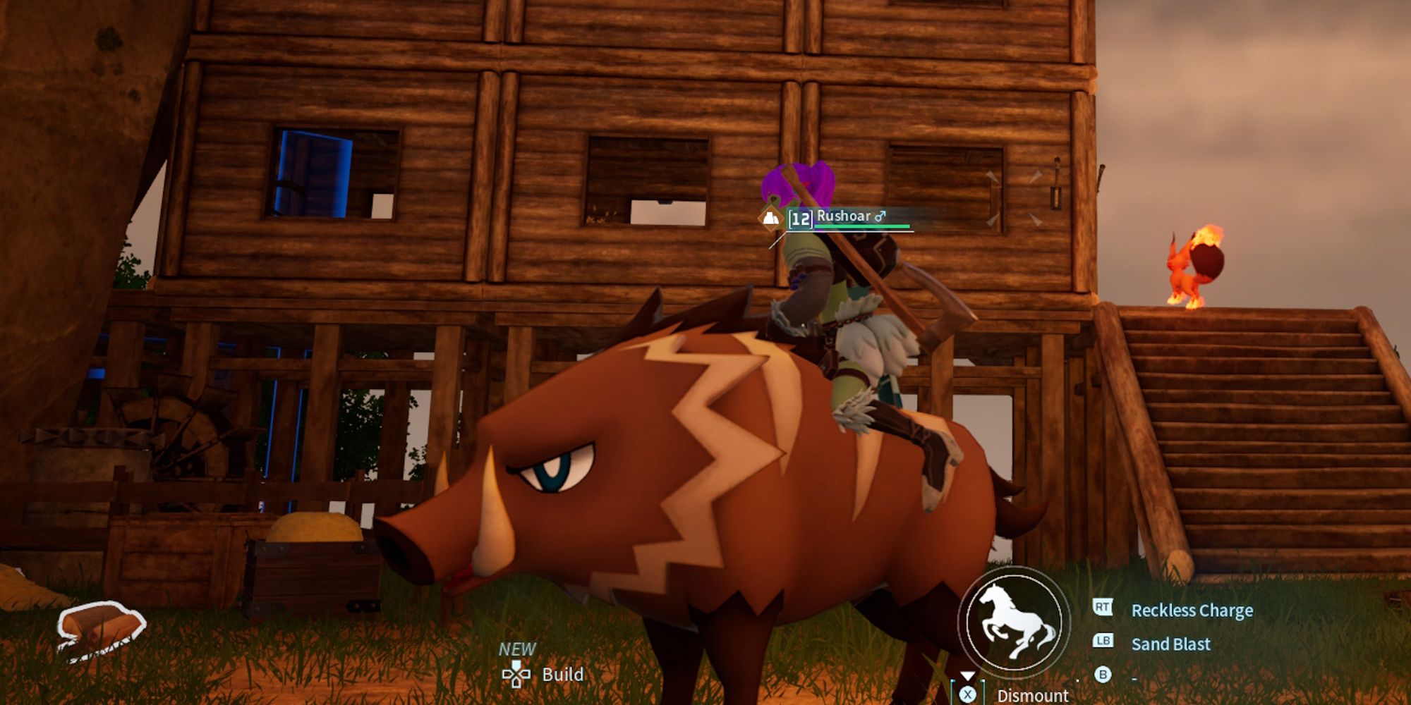 Player riding on a Rushoar in Palworld