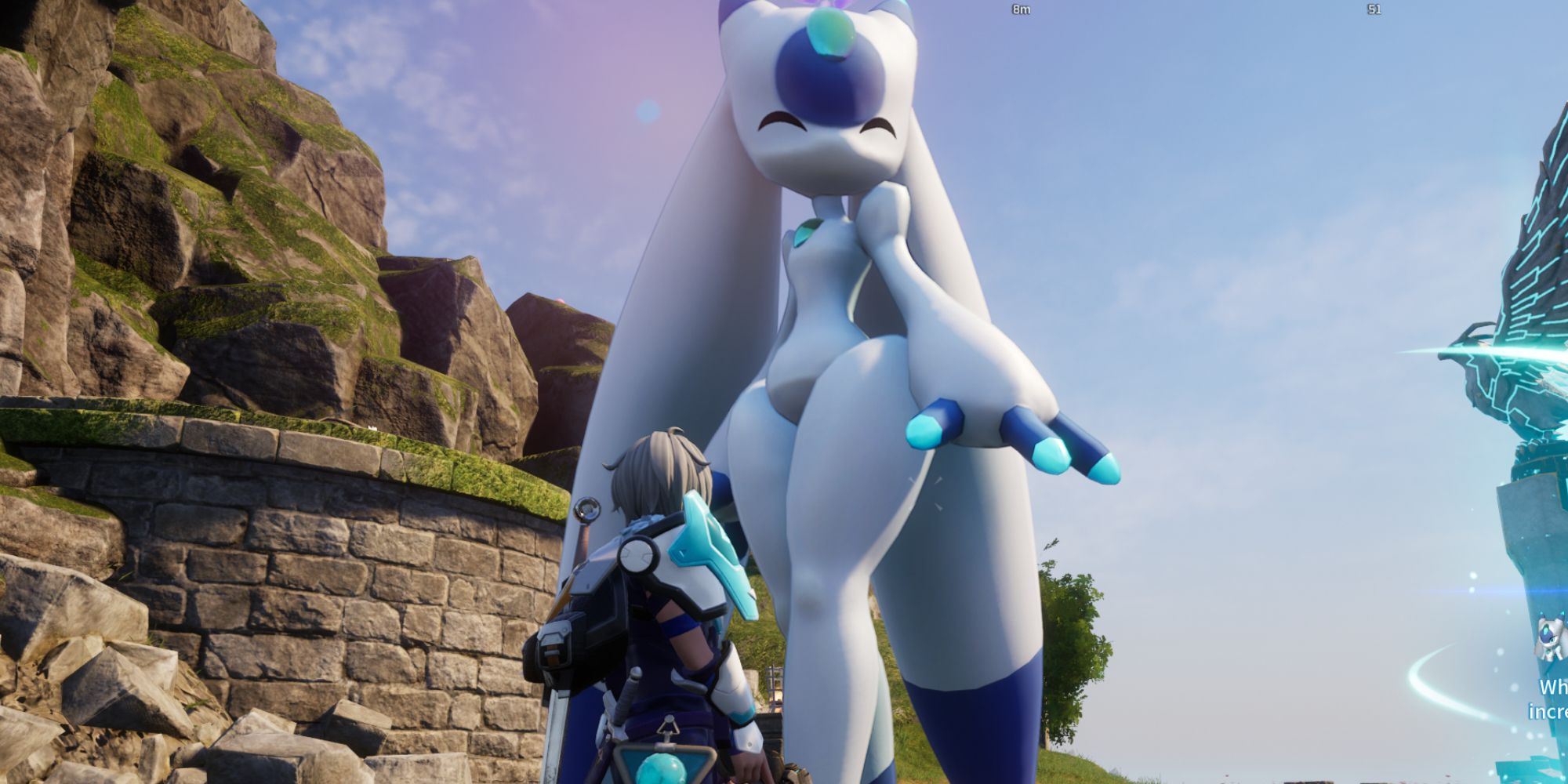 Player standing next to a happy Lunaris Palworld