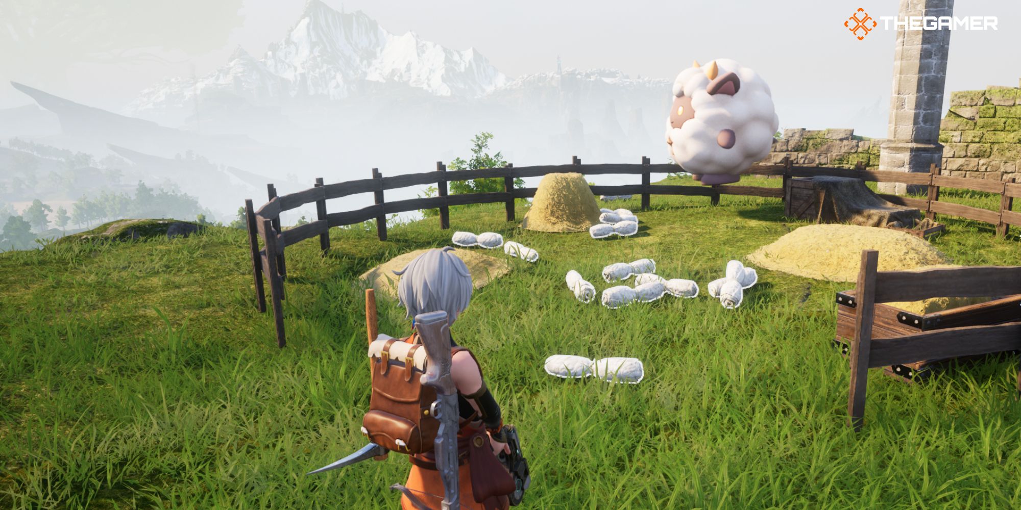 Der Spieler steht neben einer Ranch und darin befindet sich ein Lamball mit einem Bündel Wolle Palworld-1